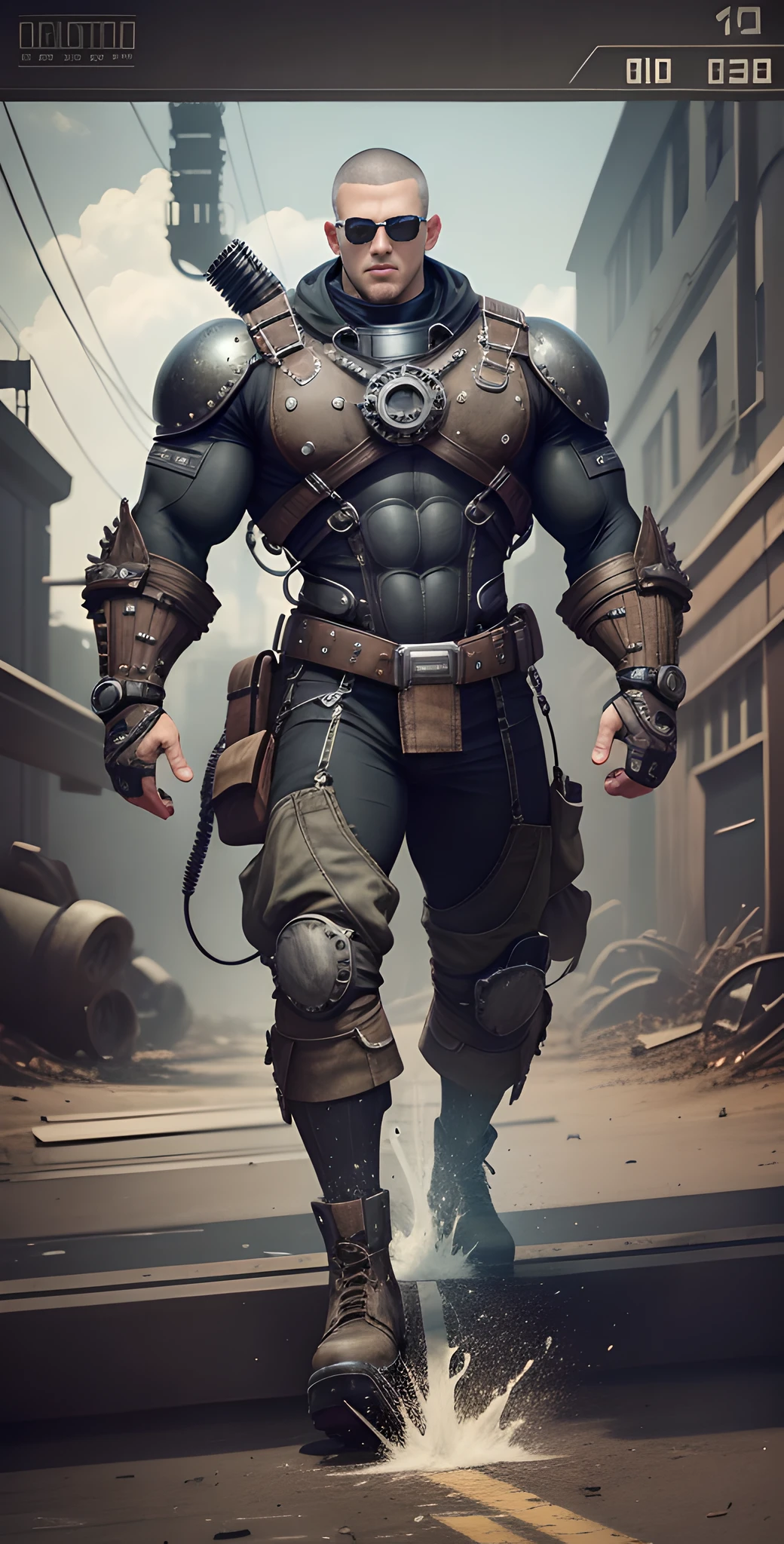 Male in the Heath, tall burly, dark black tights, big muscles, big bumps, Buzz cut, black sunglasses, black military boots, buzz cut, steampunk style, steampunk art, complex mechanical devices such as gears, pipes, valves, (huge industrial building: 1.4), gray theme, retro futurism, crazy details, (Fujiflim XT3), 20 megapixels, detailed, cinematic particles,