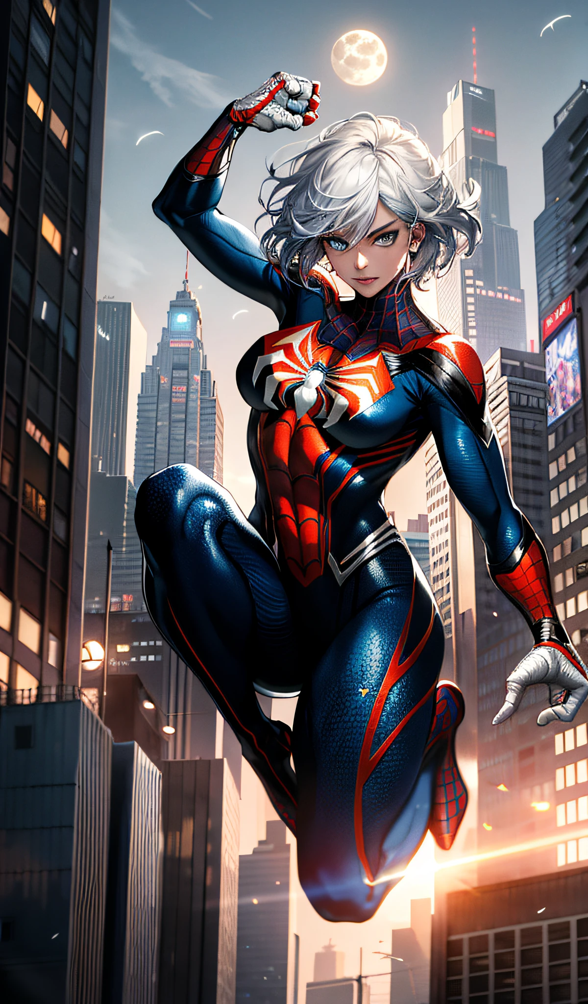 (Masterpiece, 4k resolution, ultra-realistic, very detailed), (White superhero theme, charismatic, there's a girl on top of town, wearing Spider-Man costume, she's a superhero), [ ((25 years), (long white hair:1.2), full body, (blue eyes:1.2), ((Spider-Man pose),show of strength, jumping from one building to another), ((sandy urban environment):0.8)| (cityscape, at night, dynamic lights), (full moon))] # Explanation: The Prompt mainly describes a 4K painting of ultra-high definition, very realistic, very detailed. It shows a superheroine at the top of the city, wearing a Spider-Man costume. The theme in the painting is a white superhero theme, the female protagonist has long white hair, is 25 years old and her entire body is shown in the painting. In terms of portraying the actions of superheroines, spiders are employed