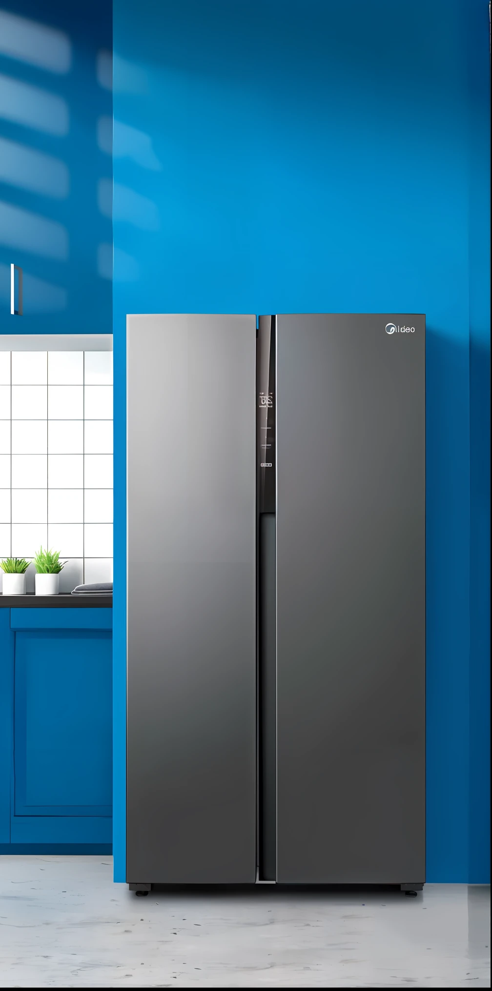 arafed refrigerator in a blue kitchen with a blue wall, refrigerator, fridge, with sleek lines and a powerful, sleek design, an award winning masterpiece, glossy surface, sleek streamlined design, crisp smooth clean lines, perfect design, slick design, - h 8 5 0 - w 6 0 0, award-winning masterpiece, glossy finish, powerful detail