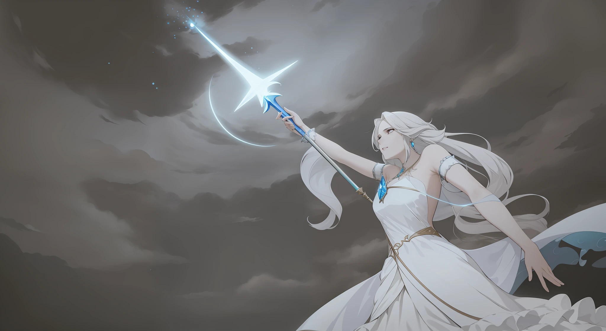 A witch under the sky, dressed in a long flowing dress, holds a glowing scepter in her spell and performs shocking magic. The clouds in the sky are swirling, the clean picture, and the colors of the original League of Legends style are dizzying.