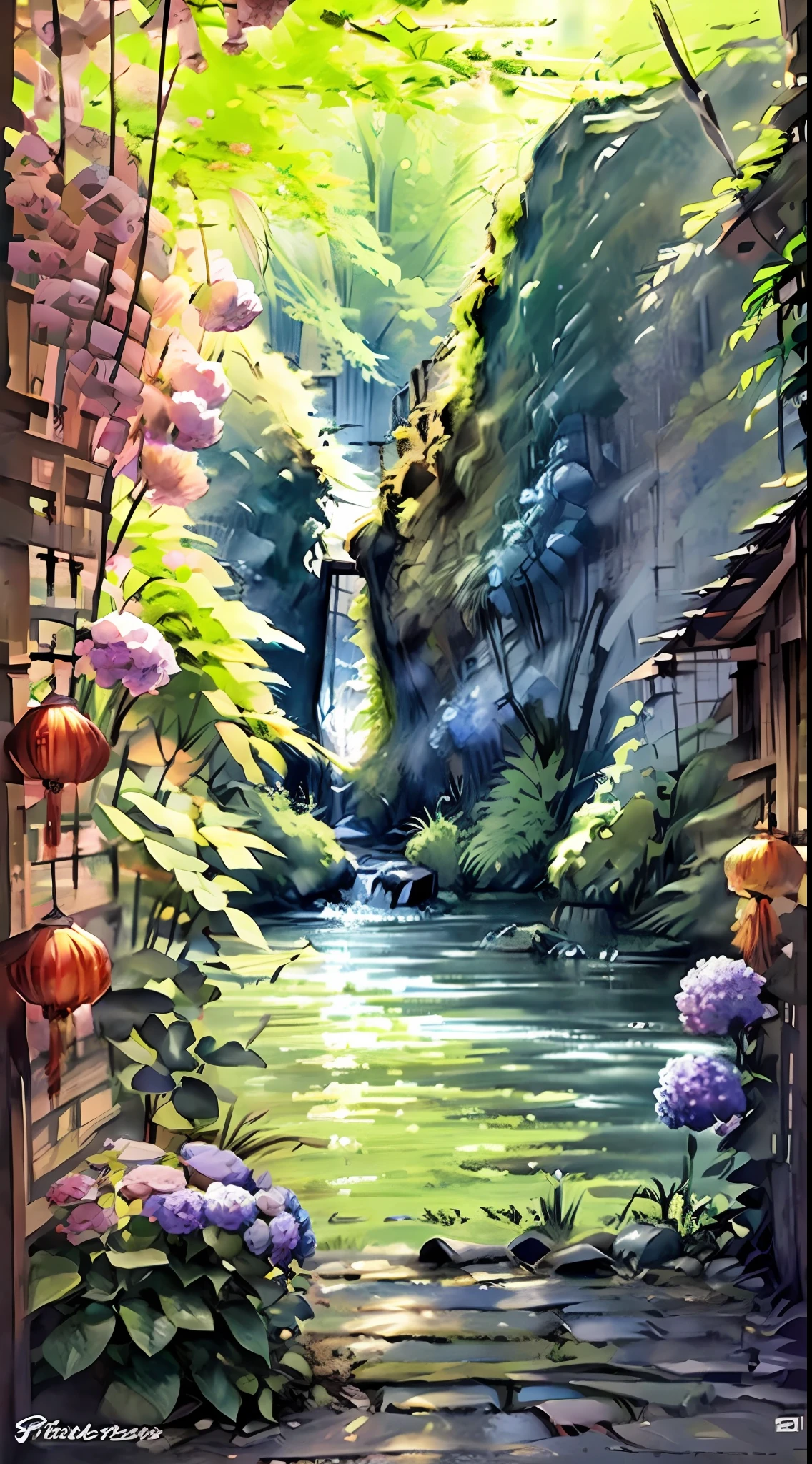 4k, June scenery, China mountains, waterfalls, colorful hydrangea, bamboo grass