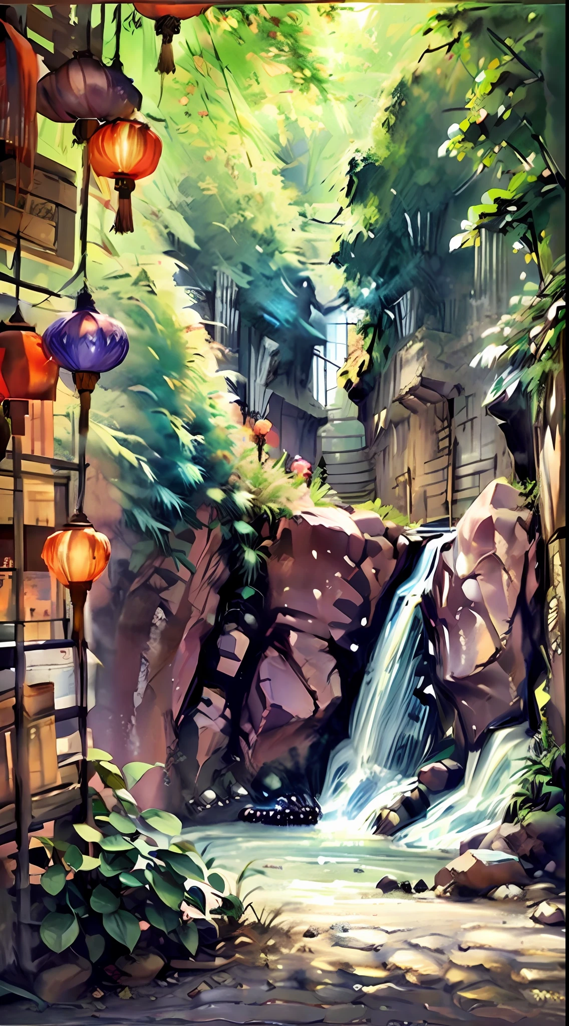 4k, June scenery, China mountains, waterfalls, colorful hydrangea, bamboo grass