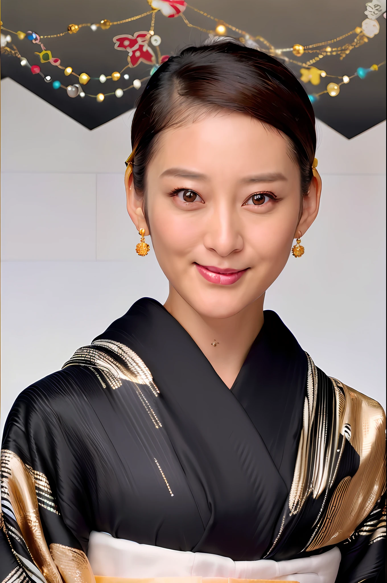 (4k,   best quality, highres:1.2), (realistic, photo-realistic:1.37),  Emi Takei,
1girl, detailed eyes, smile, earrings, jewelry, black_hair, brown_eyes, lips, kimono, obi,  luxury kimono, golden kimono, (facing viewer, looking at viewer:1.8),