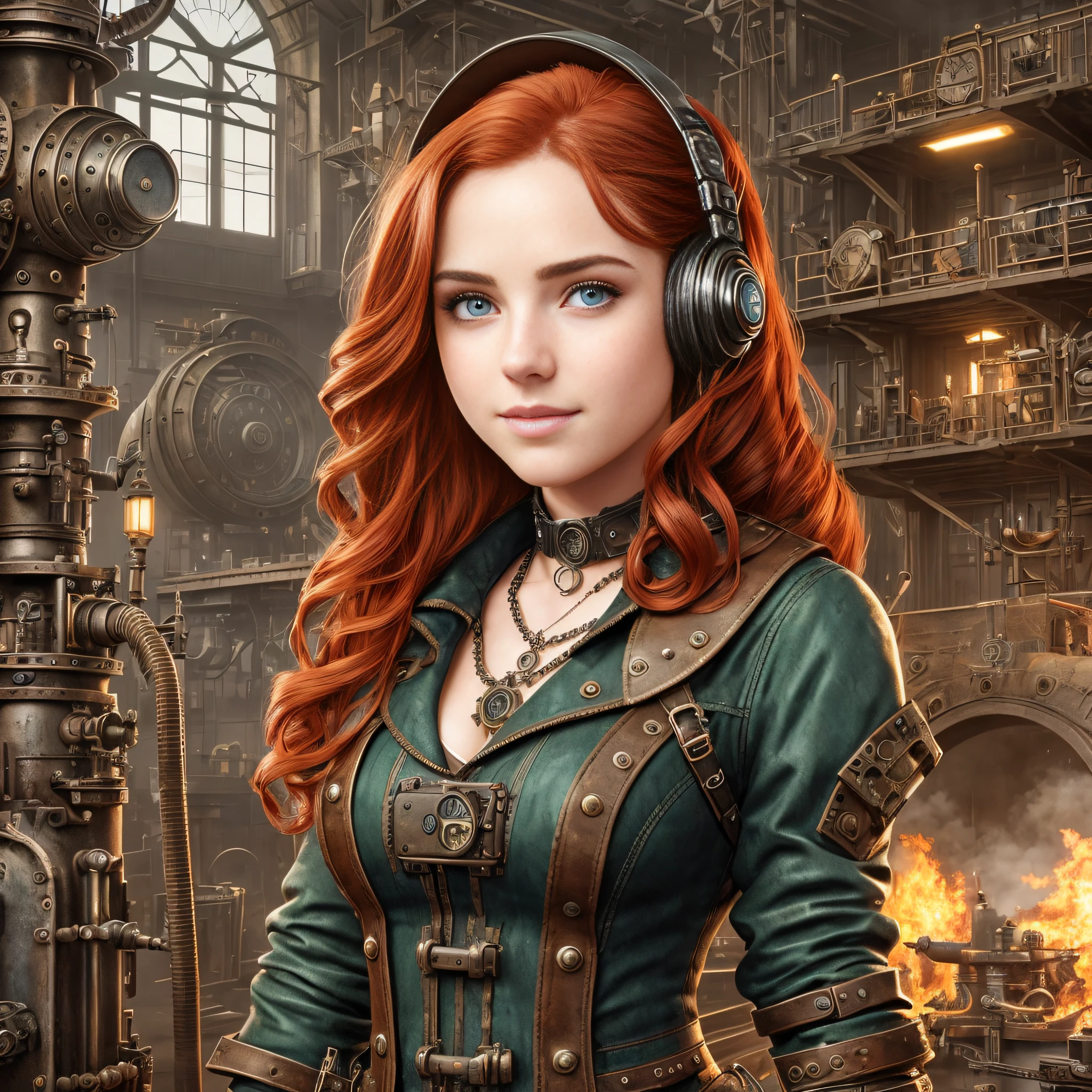 (a 19 yo girl, (Ana de Armas:0.35), (redhead:1.1)), cute smile, (perfect eyes:1.1), looking at me, wavy hair, steampunk jumpsuit, intercom headset, steampunk choker, long leather boots, perfect detailed face, detailed symmetric green eyes with circular iris,working in the steampunk garage fixing a steam engine, onvex lenses, intricate, hdr, intricate details, detailed, cinematic, cogs and gears, steamy background with lots of steam pipes and steam valves and pressure gauges and gears, realistic, stunning realistic photograph, 3d render, octane render, cinematic, Isometric, Centered, hyperealistic cover photo, awesome full color, 12k, high definition, portrait featured on unsplash, smooth, ultra high definition, 8k, ultra sharp focus, intricate artwork, masterpiece, ominous, epic, highly detailed, warm cinematic