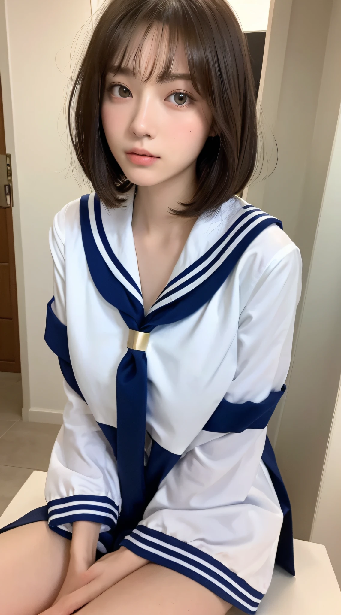 ((Top Quality, 8k, Masterpiece: 1.3)), 1 girl, beautiful girl with a body like a model: 1.3, (Highlight haircut, breast B cup: 1.2), Sailor suit with knees: 1.1, Ultra detailed face, detailed eyes, double eyelids, full body