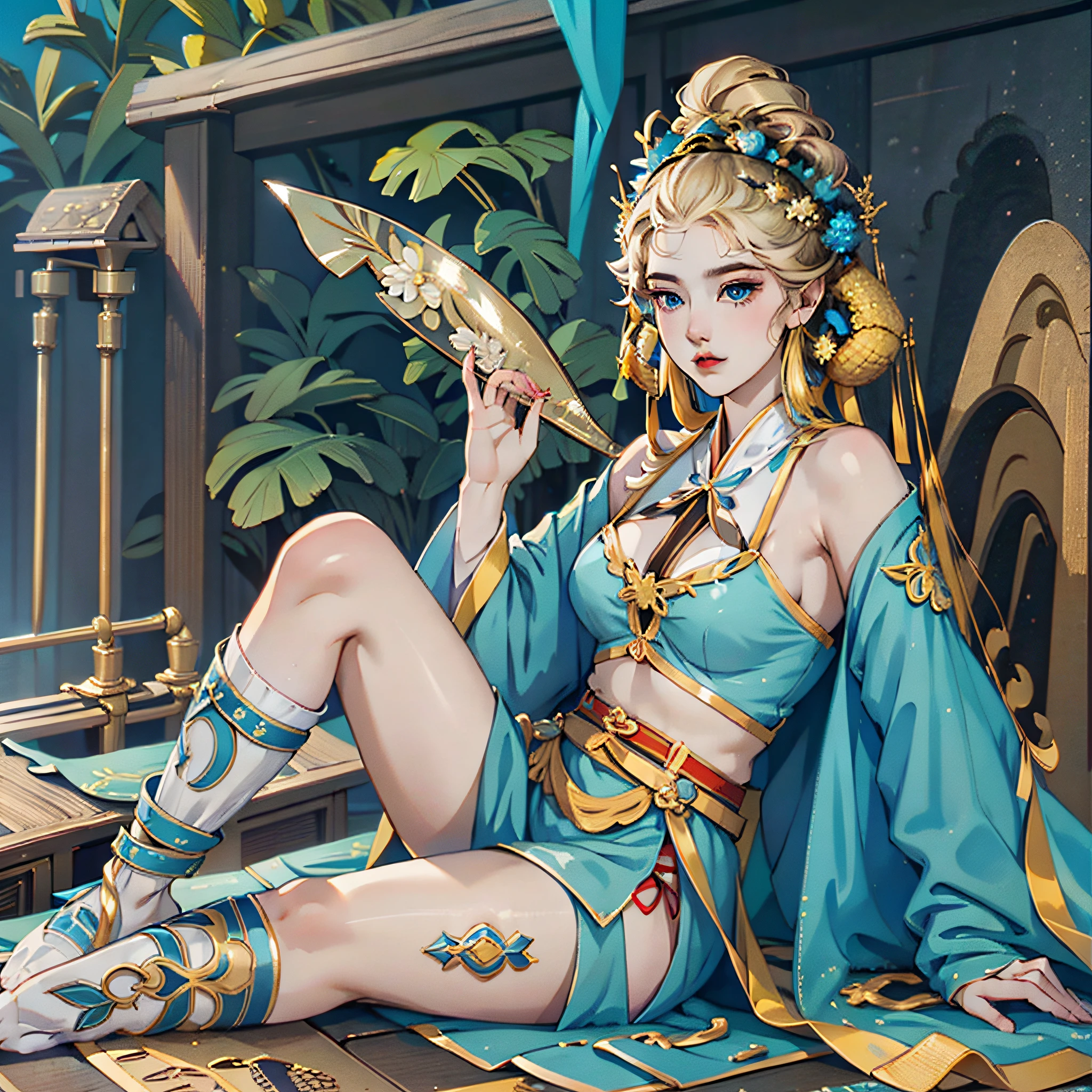 A girl, blue eyes, close-up of eyes, Dunhuang costume, full body, masterpiece, holding a pipa, 4k, (blonde hair) --auto --s2