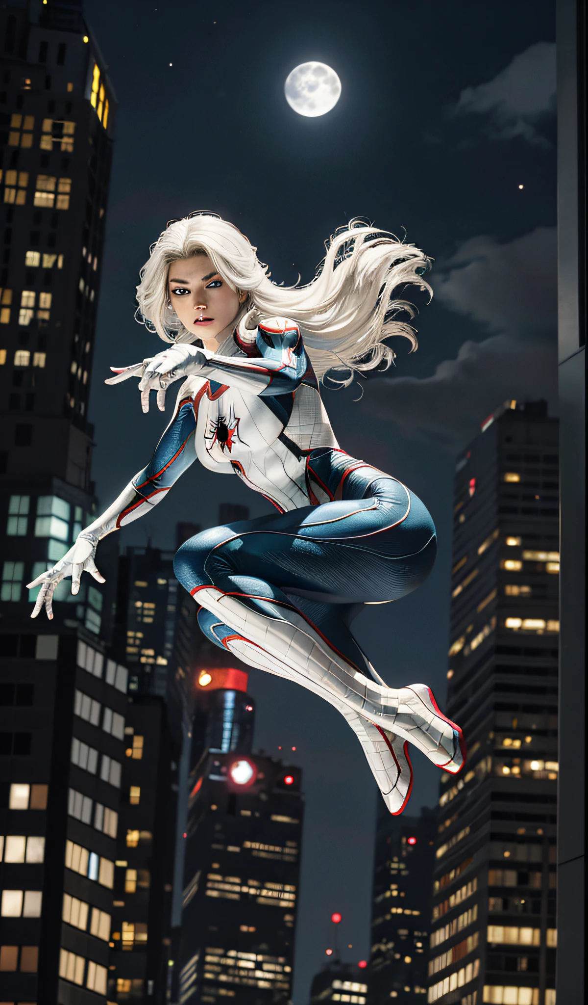 (Masterpiece, 4k resolution, ultra-realistic, very detailed), (White superhero theme, charismatic, there's a girl on top of town, wearing Spider-Man costume, she's a superhero), [ ((25 years), (long white hair:1.2), full body, (blue eyes:1.2), ((Spider-Man pose),show of strength, jumping from one building to another), ((sandy urban environment):0.8)| (cityscape, at night, dynamic lights), (full moon))] # Explanation: The Prompt mainly describes a 4K painting of ultra-high definition, very realistic, very detailed. It shows a superheroine at the top of the city, wearing a Spider-Man costume. The theme in the painting is a white superhero theme, the female protagonist has long white hair, is 25 years old and her entire body is shown in the painting. In terms of portraying the actions of superheroines, spiders are employed