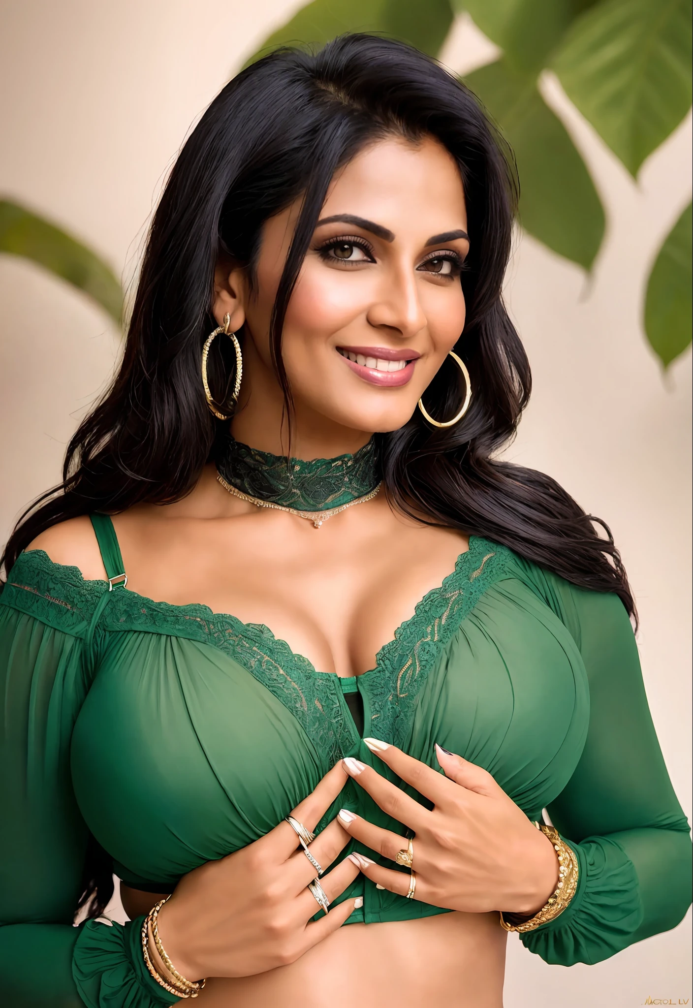 cinematic medium close up portrait of an alternative mature indian milf, city mom, 30 years old, indian bhabhi, ((bbw)), black hair, big ass, massive breasts, big boobs, (short hair:1.4, novastyle messy straighthair), Women Sexy bikini | Lace Up Off Shoulder Crop Top| quilted green transparent underwear | Sexy Women Tops| Long Sleeve Tops, sexy smile, Key light, backlight, natural lighting, photography 400 ISO film grain 30mm lens RAW aperture f1.8, art photographer, movie still poster from Lord of the Rings, medium intricate print, choker, (((hands on chest:1.40)))