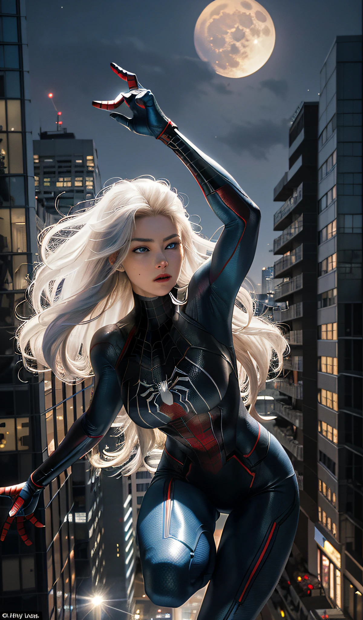 (Masterpiece, 4k resolution, ultra-realistic, very detailed), (White superhero theme, charismatic, there's a girl on top of town, wearing Spider-Man costume, she's a superhero), [ ((25 years), (long white hair:1.2), full body, (blue eyes:1.2), ((Spider-Man pose),show of strength, jumping from one building to another), ((sandy urban environment):0.8)| (cityscape, at night, dynamic lights), (full moon))] # Explanation: The Prompt mainly describes a 4K painting of ultra-high definition, very realistic, very detailed. It shows a superheroine at the top of the city, wearing a Spider-Man costume. The theme in the painting is a white superhero theme, the female protagonist has long white hair, is 25 years old and her entire body is shown in the painting. In terms of portraying the actions of superheroines, spiders are employed