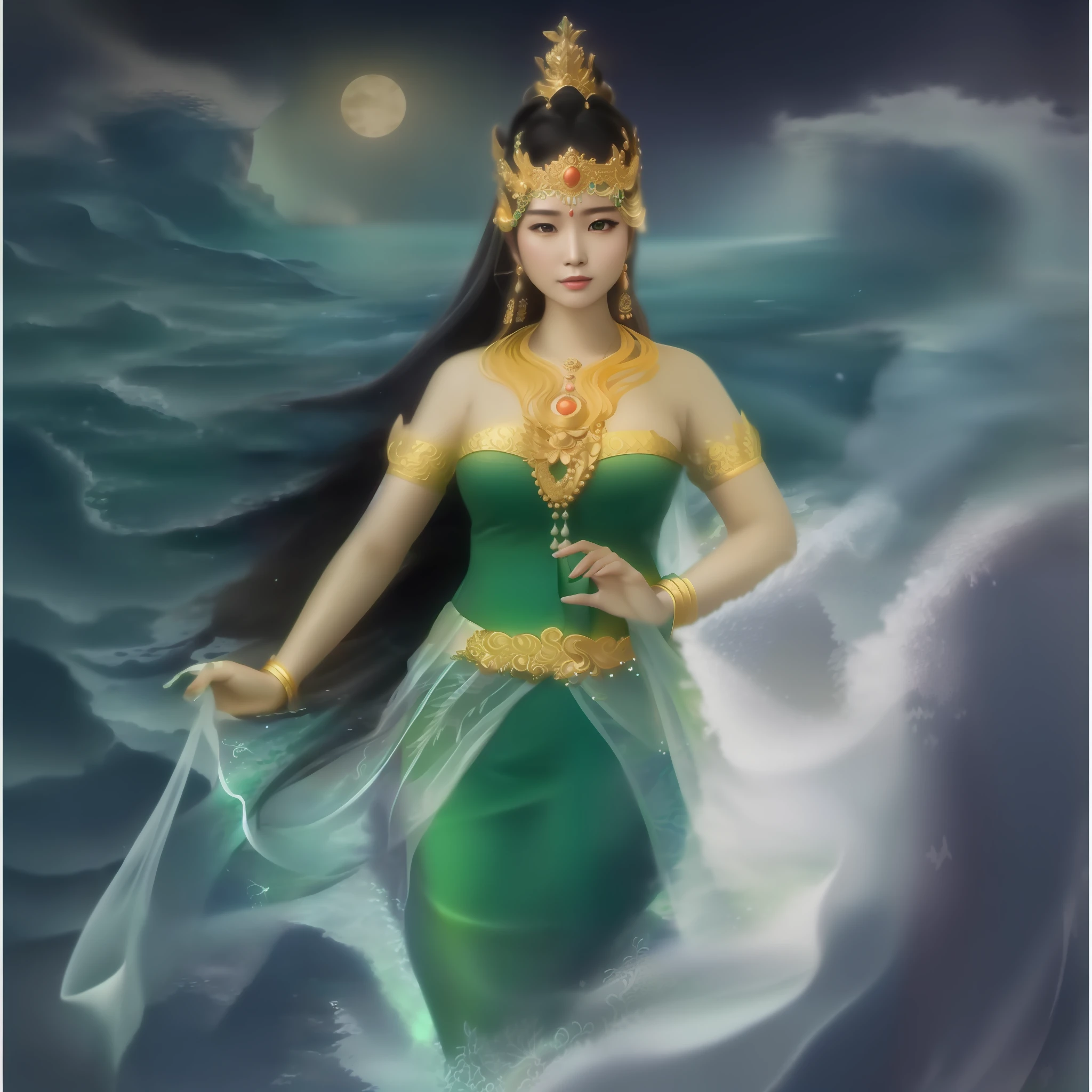 painting of a woman in a green dress standing in the ocean, queen of the sea mu yanling, goddess of the ocean, goddess of the sea, earth goddess mythology, goddess of love and peace, a stunning portrait of a goddess, indian goddess of wealth, javanese mythology, goddess art, beautiful goddess, goddess of greek mythology, goddess of nature