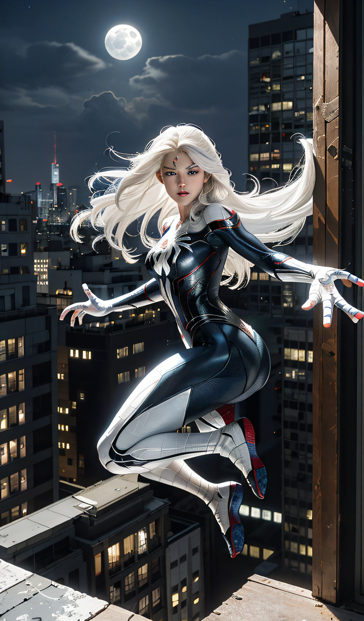 (Masterpiece, 4k resolution, ultra-realistic, very detailed), (White superhero theme, charismatic, there's a girl on top of town, wearing Spider-Man costume, she's a superhero), [ ((25 years), (long white hair:1.2), full body, (blue eyes:1.2), ((Spider-Man pose),show of strength, jumping from one building to another), ((sandy urban environment):0.8)| (cityscape, at night, dynamic lights), (full moon))] # Explanation: The Prompt mainly describes a 4K painting of ultra-high definition, very realistic, very detailed. It shows a superheroine at the top of the city, wearing a Spider-Man costume. The theme in the painting is a white superhero theme, the female protagonist has long white hair, is 25 years old and her entire body is shown in the painting. In terms of portraying the actions of superheroines, spiders are employed