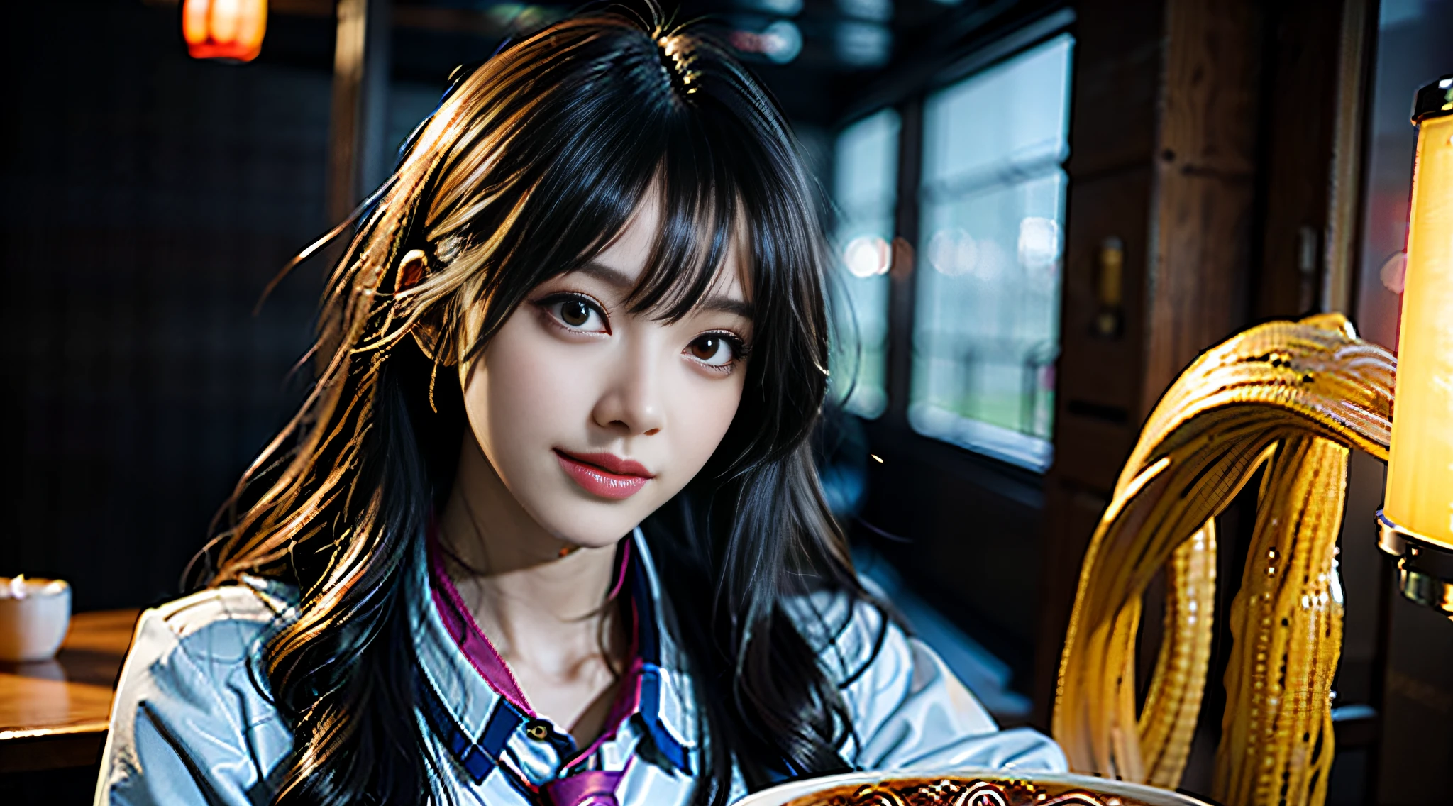 (masterpiece), best quality, ultra high res, close up, slim body, 1girl,school uniform, long hair, laughing, ramen, night, Tokyo restaurant background, colorful lights, photon mapping, radiosity, physically-based rendering, cinematic lighting, intricate, High Detail, Sharp focus, dramatic, photorealistic