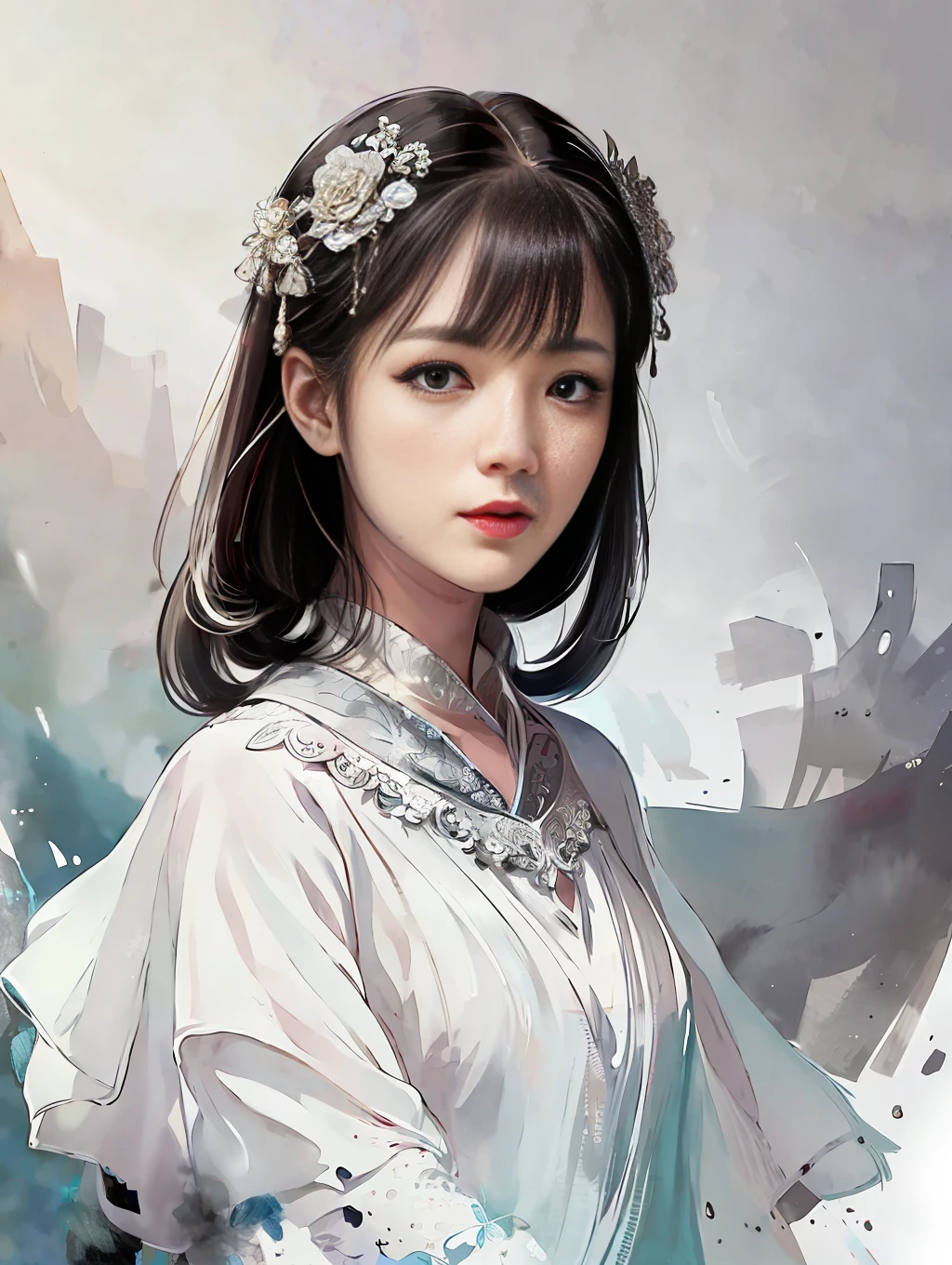 stechu,(white background:1.4), ((tachi-e)), original,(illustration:1.1),(best quality),(masterpiece:1.1),(extremely detailed CG unity 8k wallpaper:1.1), (colorful:0.9),(panorama shot:1.4),(solo:1.2), (ink splashing),(color splashing),((watercolor)), clear sharp focus,{ 1girl standing },((korean style )),flower background,outdoors,rocks, looking at viewer, make happy expressions,soft smile,pure,beautyfull detailed face and eyes,beautyfull intricacy clothing decorative pattern details, black hair,black eyes,colorwater