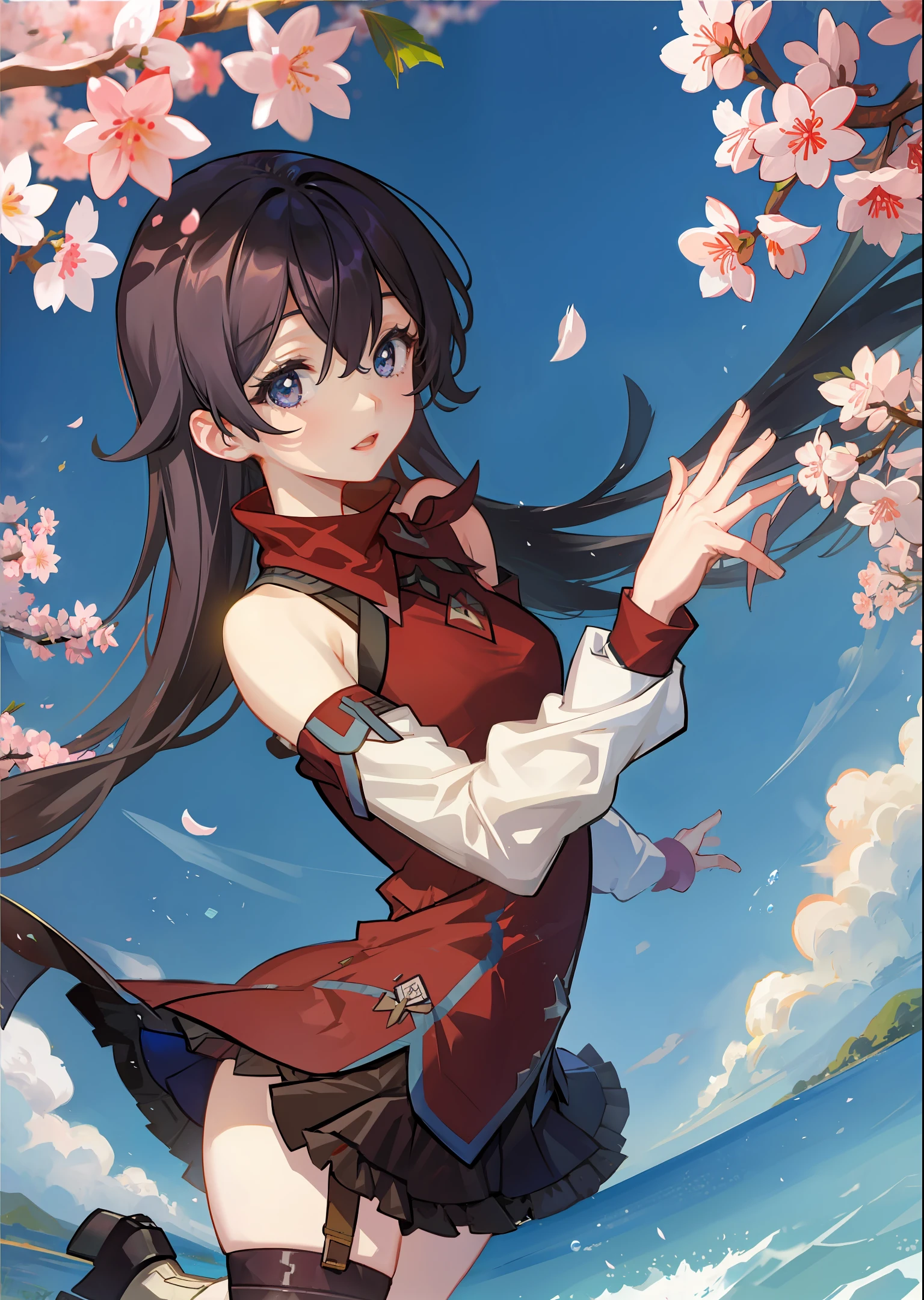 1girl, kamisato ayaka, armored dress, cherry blossoms, looking at viewer, blue sky
