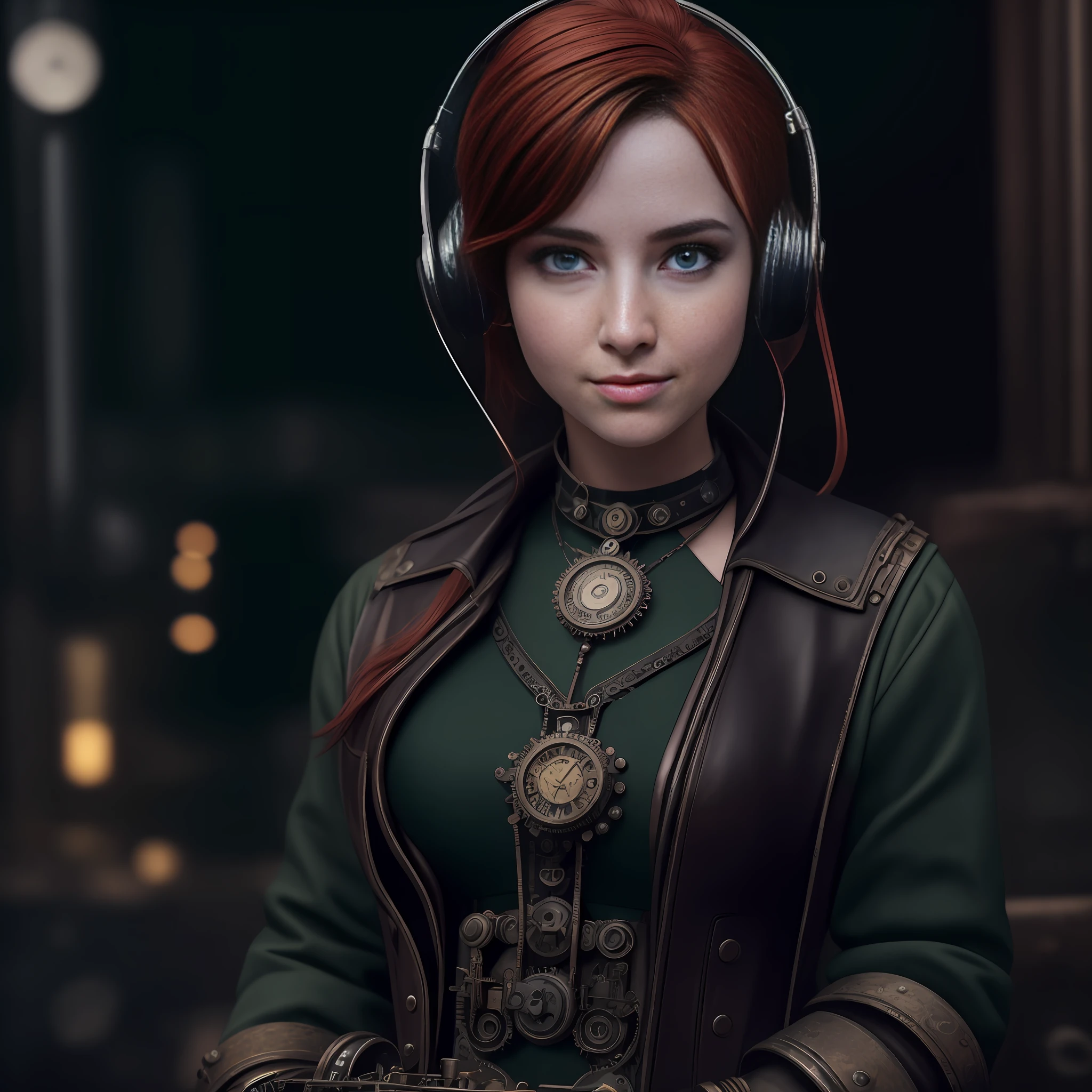 (a 19 yo girl, (Ana de Armas:0.65), (redhead:1.1)), cute smile, (perfect eyes:1.1), looking at me, wavy hair, steampunk jumpsuit, intercom headset, steampunk choker, long leather boots, perfect detailed face, detailed symmetric green eyes with circular iris,working in the steampunk garage fixing a steam engine, onvex lenses, intricate, hdr, intricate details, detailed, cinematic, cogs and gears, steamy background with lots of steam pipes and steam valves and pressure gauges and gears, realistic, stunning realistic photograph, 3d render, octane render, cinematic, Isometric, Centered, hyperealistic cover photo, awesome full color, 12k, high definition, portrait featured on unsplash, smooth, ultra high definition, 8k, ultra sharp focus, intricate artwork, masterpiece, ominous, epic, highly detailed, warm cinematic