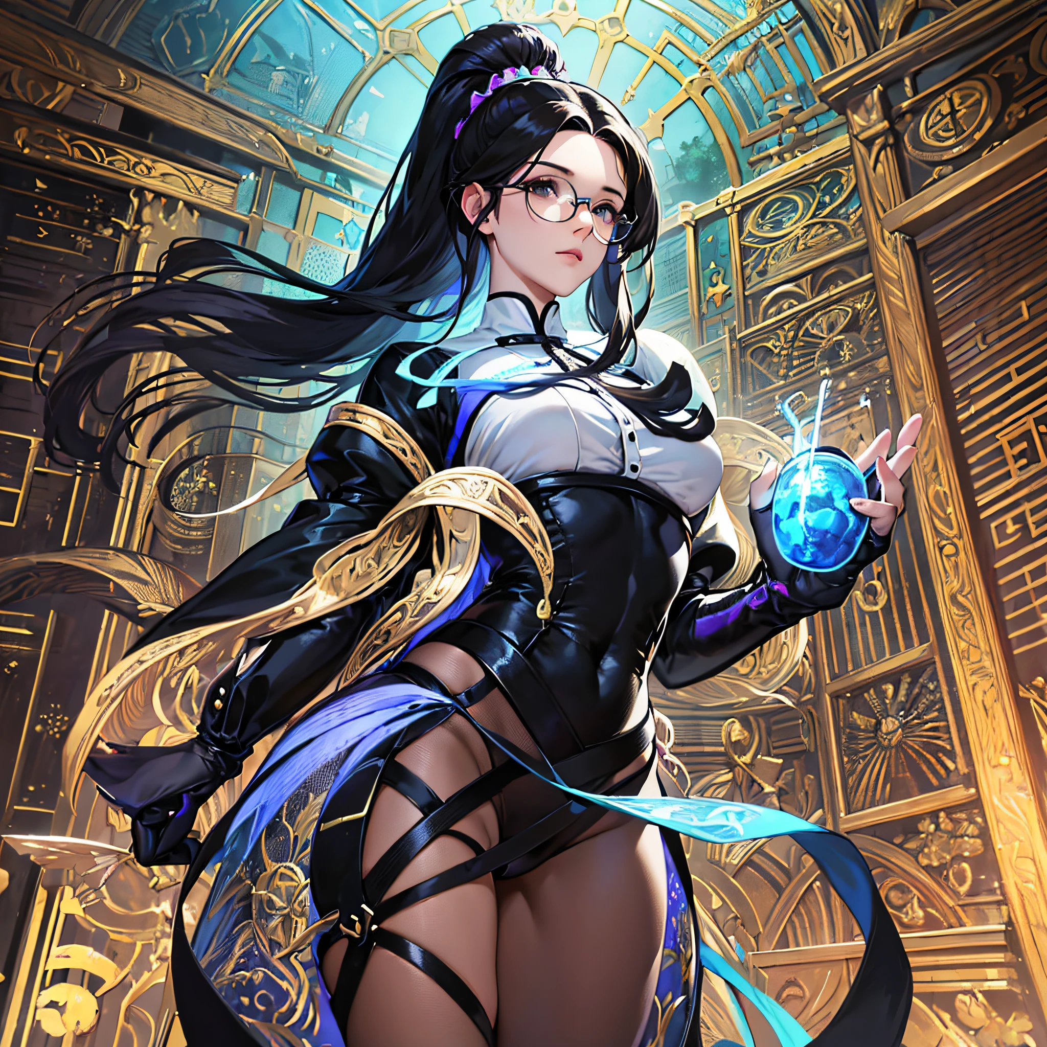 (Masterpiece) A very beautiful glasses female adventurer in a maid outfit,Fate stay night,(28-year-old woman) composition where the whole body can be seen from the feet ((beautiful face)) sunlight cinematic light beautiful woman, beautiful dark eyes, black long hair, complete anatomy , very cute, (black eyes), (head frame), central image, style, bioluminescence, 8 life size, 8k resolution, human hand, strangely perfect, elegant, full close-up, dynamic , from the very character sheets and concept art, to the stunningly beautiful 20-something girl's body being sleek, symmetrically arranged and balanced in front of the viewer, down to the detailed hairstyles. explained in detail. --auto --s2
