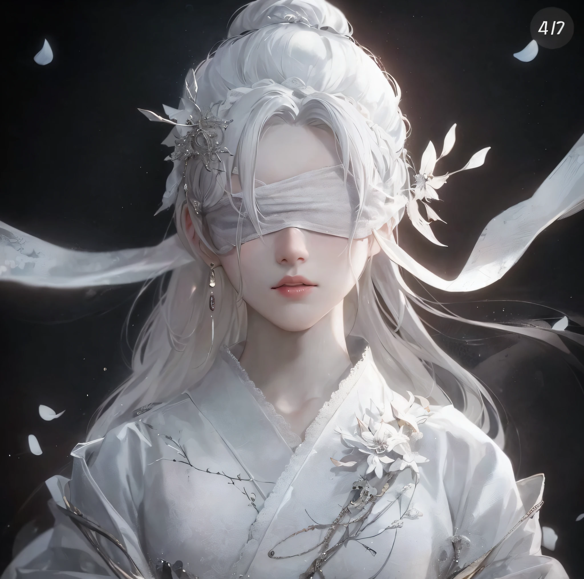 Close-up of a woman with white hair and blindfold, beautiful figure painting, Guviz, Guwiz style artwork, white-haired god, Yang J, epic fine character art, stunning character art, Fan Qi, Wu Zhun Shifan, Gu Wiz in Pixiv Art Station