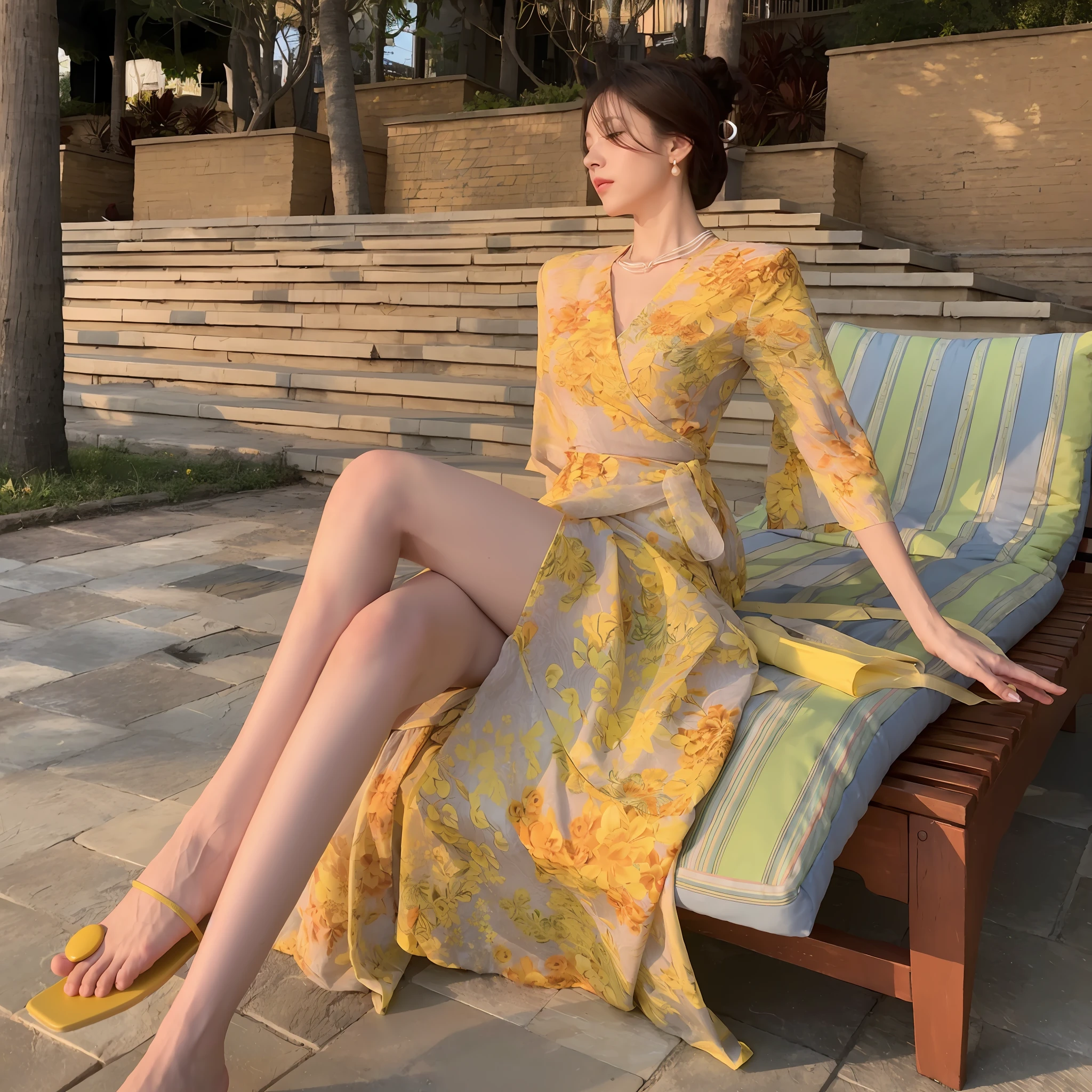 woman sitting on a bench in a yellow dress with a striped pillow, yellow ornate dress, with yellow cloths, wearing wheat yellow gauze, lady using yellow dress, cheongsam, gorgeous lady, with yellow flowers around it, sha xi, flowing dress, femme, yellow robe, yellow clothes, pastel, chiffon, wearing two - piece swimsuit, summer