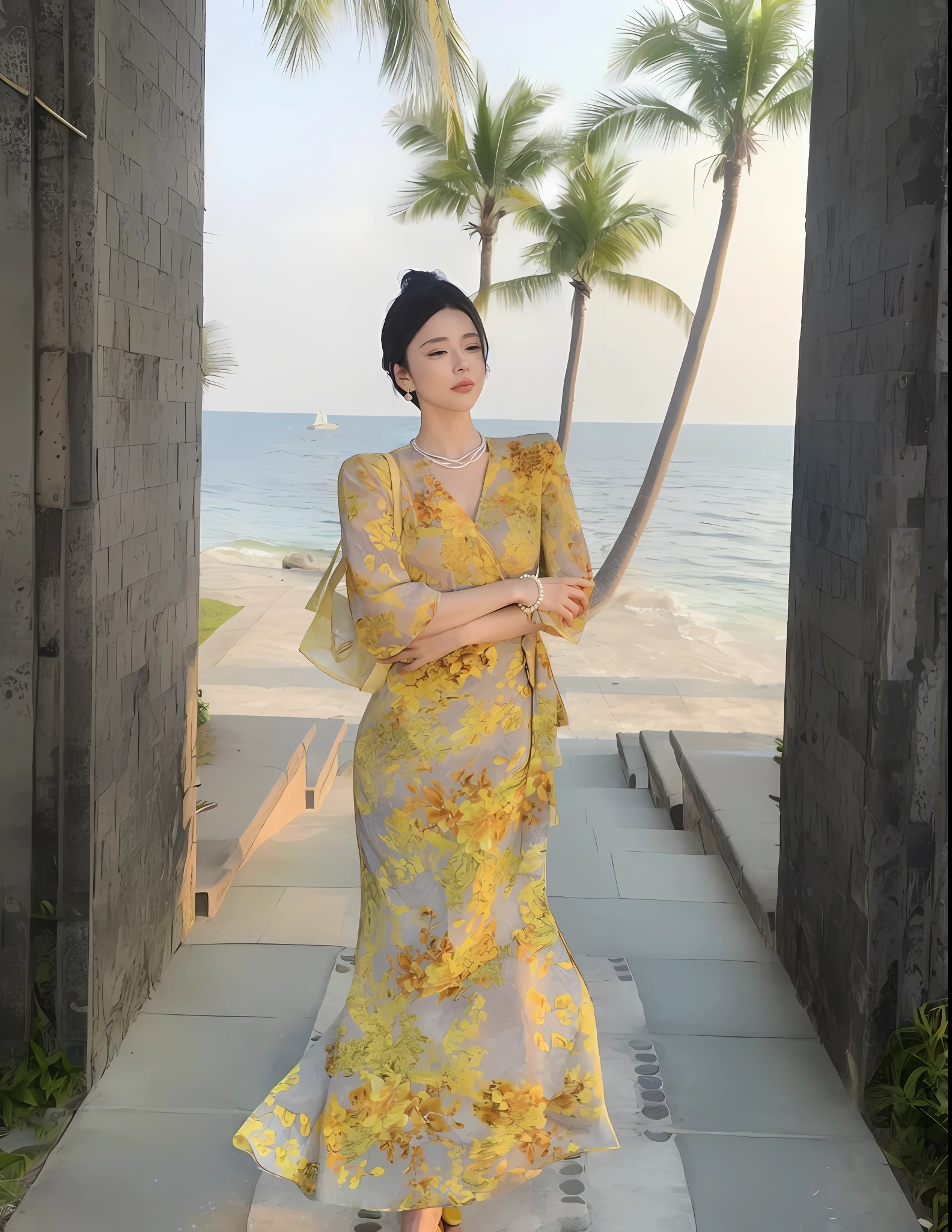 araffe woman in a yellow dress standing on a walkway by the ocean, cheongsam, fan bingbing, jia, yellow ornate dress, with acient chinese clothes, chinese dress, with yellow cloths, wearing a long flowery dress, dilraba dilmurat, long dress female, sha xi, inspired by Tang Di, gorgeous lady