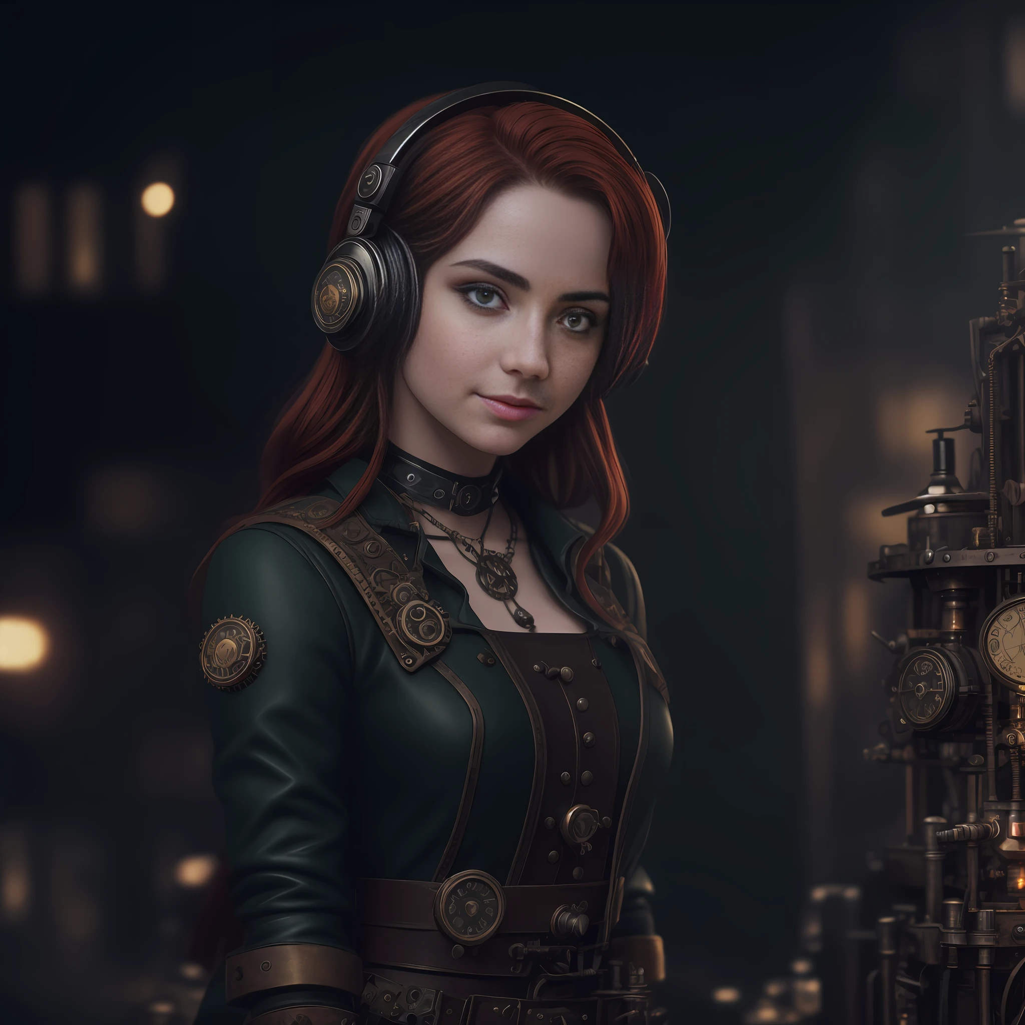 (a 19 yo girl, (Ana de Armas:0.65), (redhead:1.1)), cute smile, (perfect eyes:1.1), looking at me, wavy hair, steampunk jumpsuit, intercom headset, steampunk choker, long leather boots, perfect detailed face, detailed symmetric green eyes with circular iris,working in the steampunk garage fixing a steam engine, onvex lenses, intricate, hdr, intricate details, detailed, cinematic, cogs and gears, steamy background with lots of steam pipes and steam valves and pressure gauges and gears, realistic, stunning realistic photograph, 3d render, octane render, cinematic, Isometric, Centered, hyperealistic cover photo, awesome full color, 12k, high definition, portrait featured on unsplash, smooth, ultra high definition, 8k, ultra sharp focus, intricate artwork, masterpiece, ominous, epic, highly detailed, warm cinematic