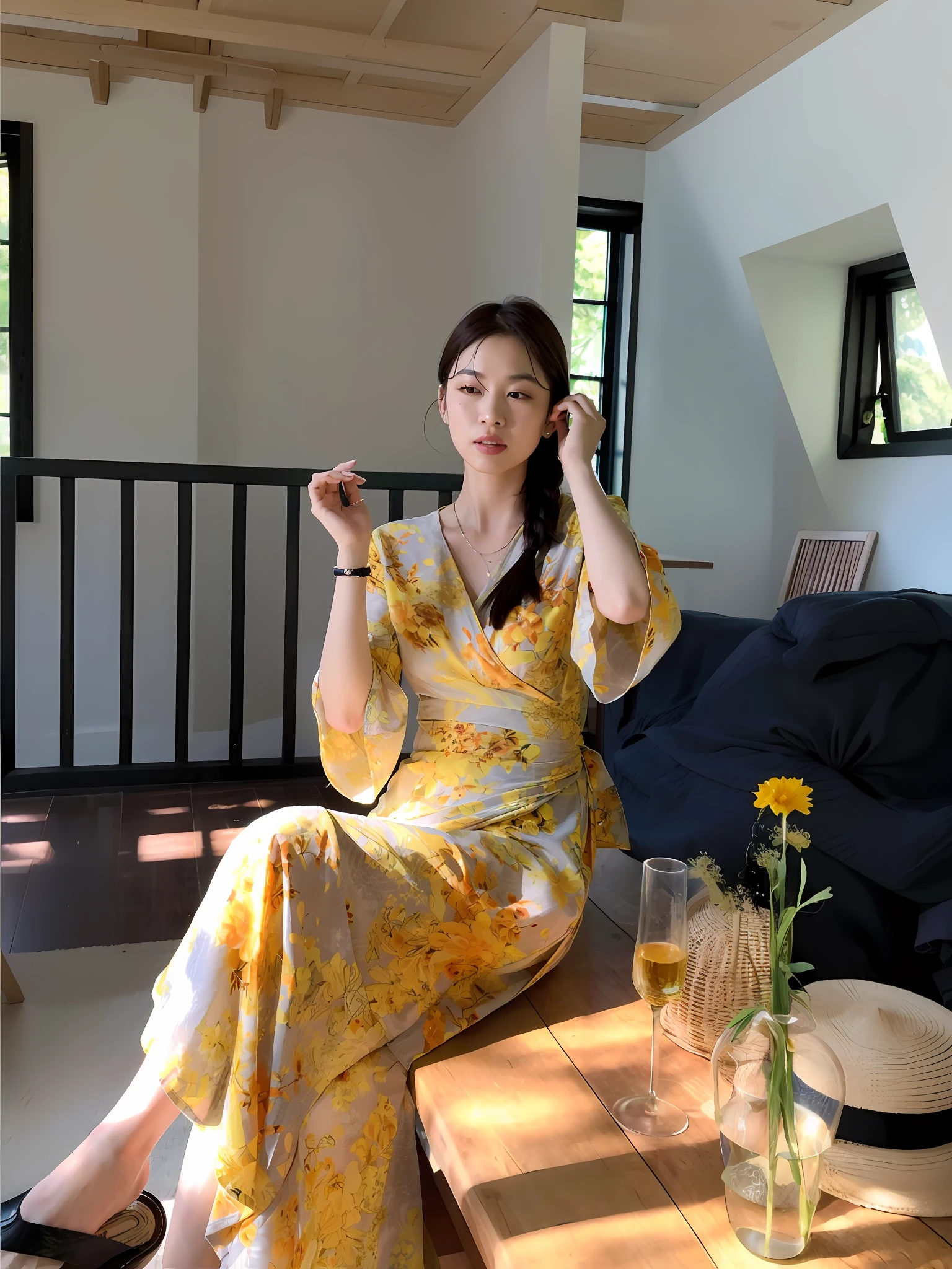 araffe woman sitting on a table in a yellow dress, wearing wheat yellow gauze, lady using yellow dress, classy yukata clothing, summer, with yellow cloths, yellow robe, long beautiful flowing kimono, japanese clothes, wearing a long flowery dress, 2 0 2 0 fashion, kimono, yukata clothing, 2 0 1 0 s