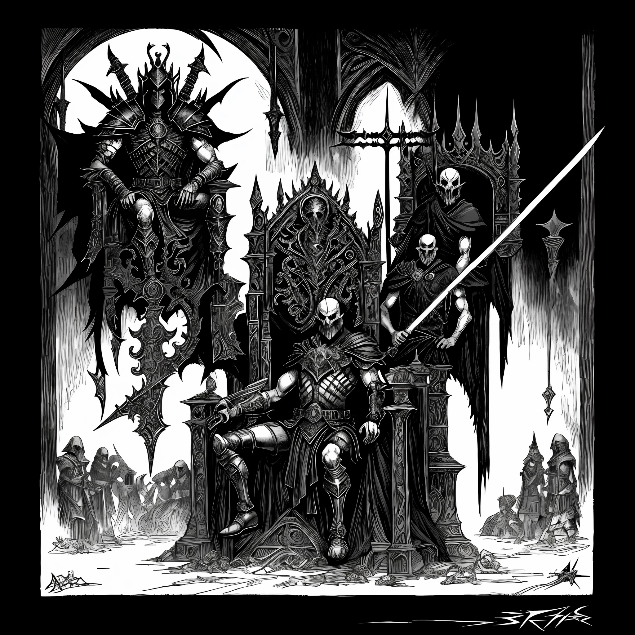 a black and white drawing of a man sitting on a throne, an album cover inspired black sword man berserker armored.