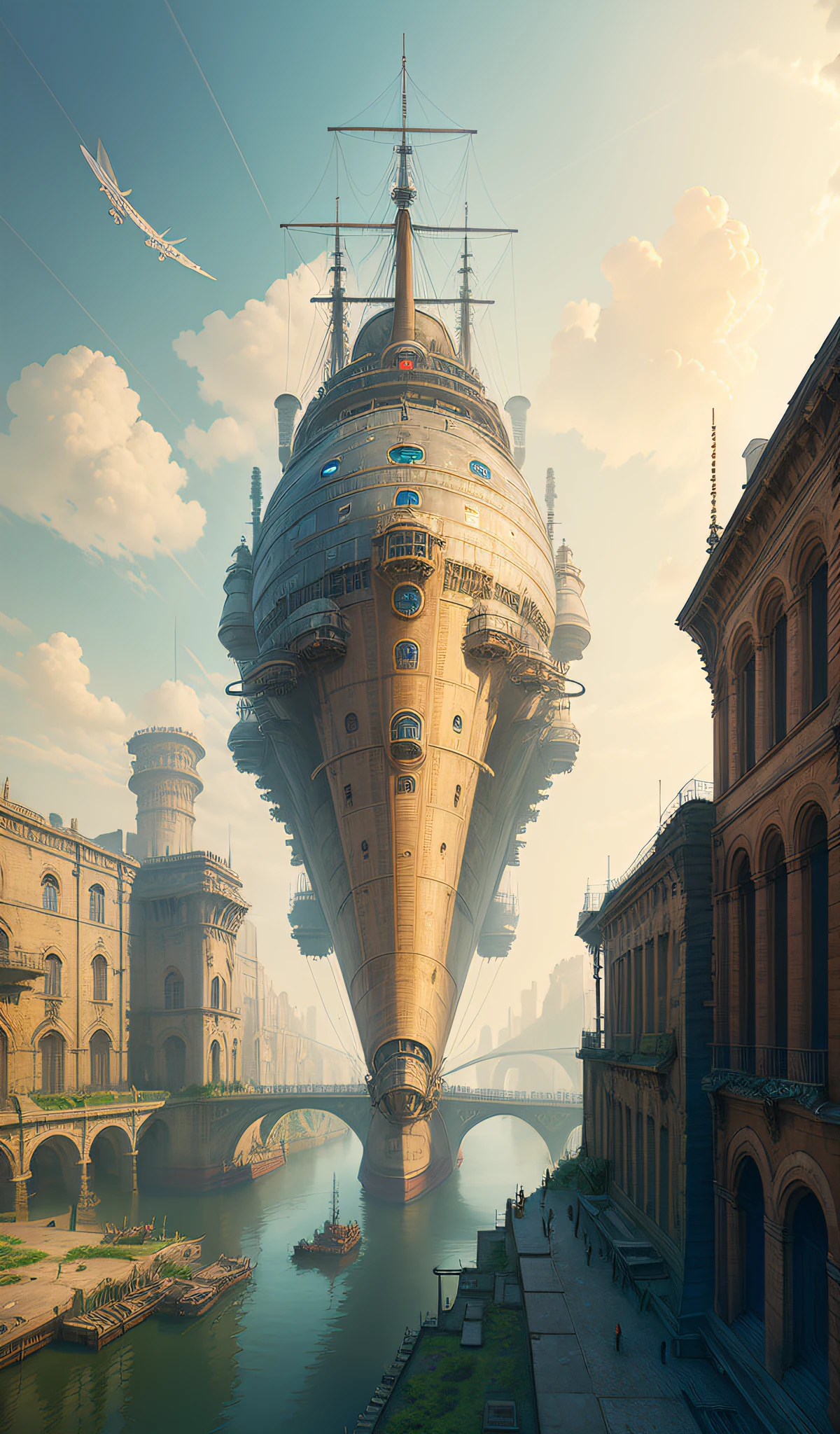 ((masterpiece)), (best quality), (high detial), ((realistic,)) (sky), (giant steam airship), (small flying machine), (robot), pyrotechnics, ruins, industrial age cities, bazaars, bridges, rainy days, steampunk, European architecture, flyovers, spirits, abyss,