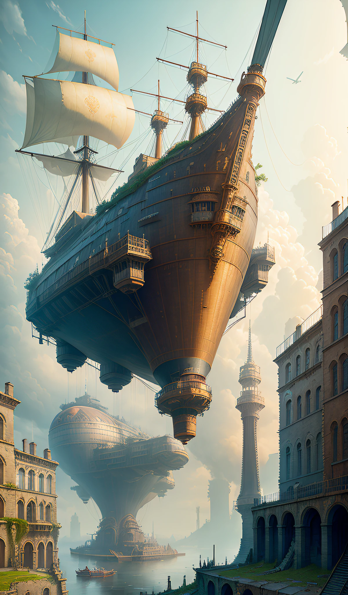 ((masterpiece)), (best quality), (high detial), ((realistic,)) (sky), (giant steam airship), (small flying machine), (robot), pyrotechnics, ruins, industrial age cities, bazaars, bridges, rainy days, steampunk, European architecture, flyovers, spirits, abyss,