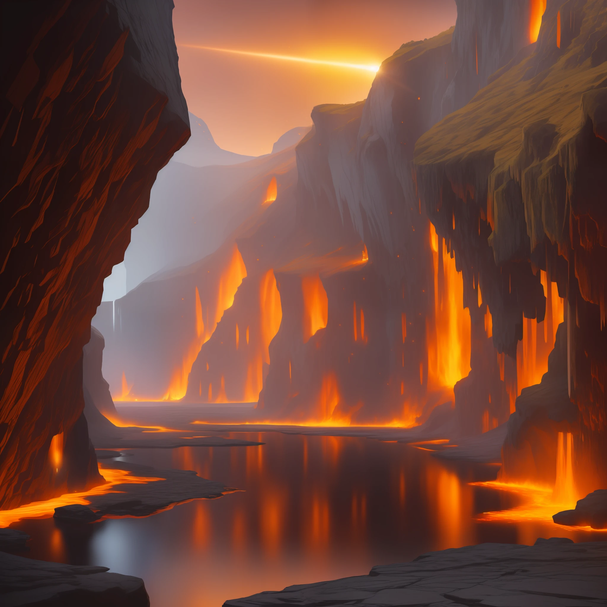 extensive landscape photograph (general view, which shows the vault of the cave, (detailed description of the cave), stalactites (detailed), stalagmites (detailed), as well as helicates (detailed), lake (detailed), lava, below), one gray-haired guy in a shirt and trousers (1: 3), (ultradetailed description of appearance), standing on a stone ledge in the fire and looking down (lake of fire: 1.2), (falling stones: 0.9), (fire: 1.3), crystals, fire stones,  lava, cave BREAK production art, (cold light source:1.2), (Firefly:1.2), fire particles, dark, red, yellow and orange, complex details, volumetric lighting, realism BREAK (masterpiece:1.2), (best quality), 4k, ultra-detailed, (dynamic composition: 1.4), high detailed, colorful details, (gloomy colors: 1.2), (luminous lighting, atmospheric lighting), gloomy, magical, (solo: 1.2) --auto --s2