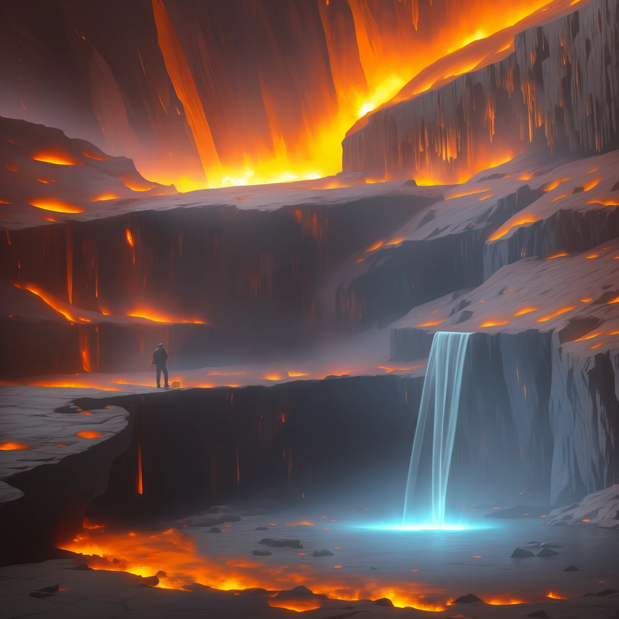 extensive landscape photograph (general view, which shows the vault of the cave, (detailed description of the cave), stalactites (detailed), stalagmites (detailed), as well as helicates (detailed), lake (detailed), lava, below), one gray-haired guy in a shirt and trousers (1: 3), (ultradetailed description of appearance), standing on a stone ledge in the fire and looking down (lake of fire: 1.2), (falling stones: 0.9), (fire: 1.3), crystals, fire stones, lava, cave BREAK production art, (cold light source:1.2), (Firefly:1.2), fire particles, dark, red, yellow and orange, complex details, volumetric lighting, realism BREAK (masterpiece:1.2), (best quality), 4k, ultra-detailed, (dynamic composition: 1.4), high detailed, colorful details, (gloomy colors: 1.2), (luminous lighting, atmospheric lighting), gloomy, magical, (solo: 1.2) --auto --s2