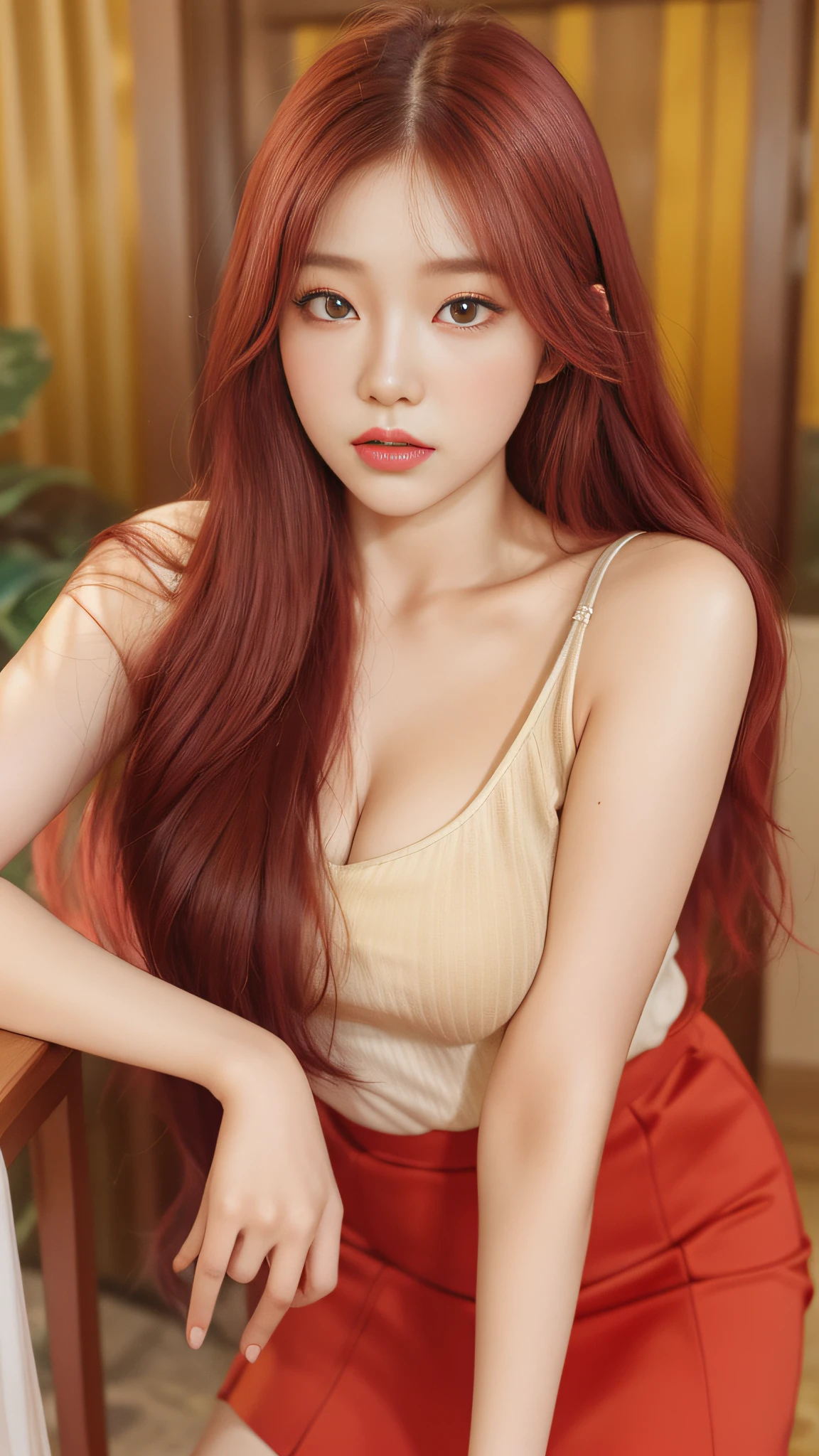 araffe woman with long red hair posing for a picture, korean girl, gorgeous young korean woman, inspired by Sim Sa-jeong, beautiful south korean woman, realistic. cheng yi, photorealistic perfect body, beautiful young korean woman, realistic artstyle, heonhwa choe, jaeyeon nam, korean woman, realistic digital illustration, realistic anime 3 d style