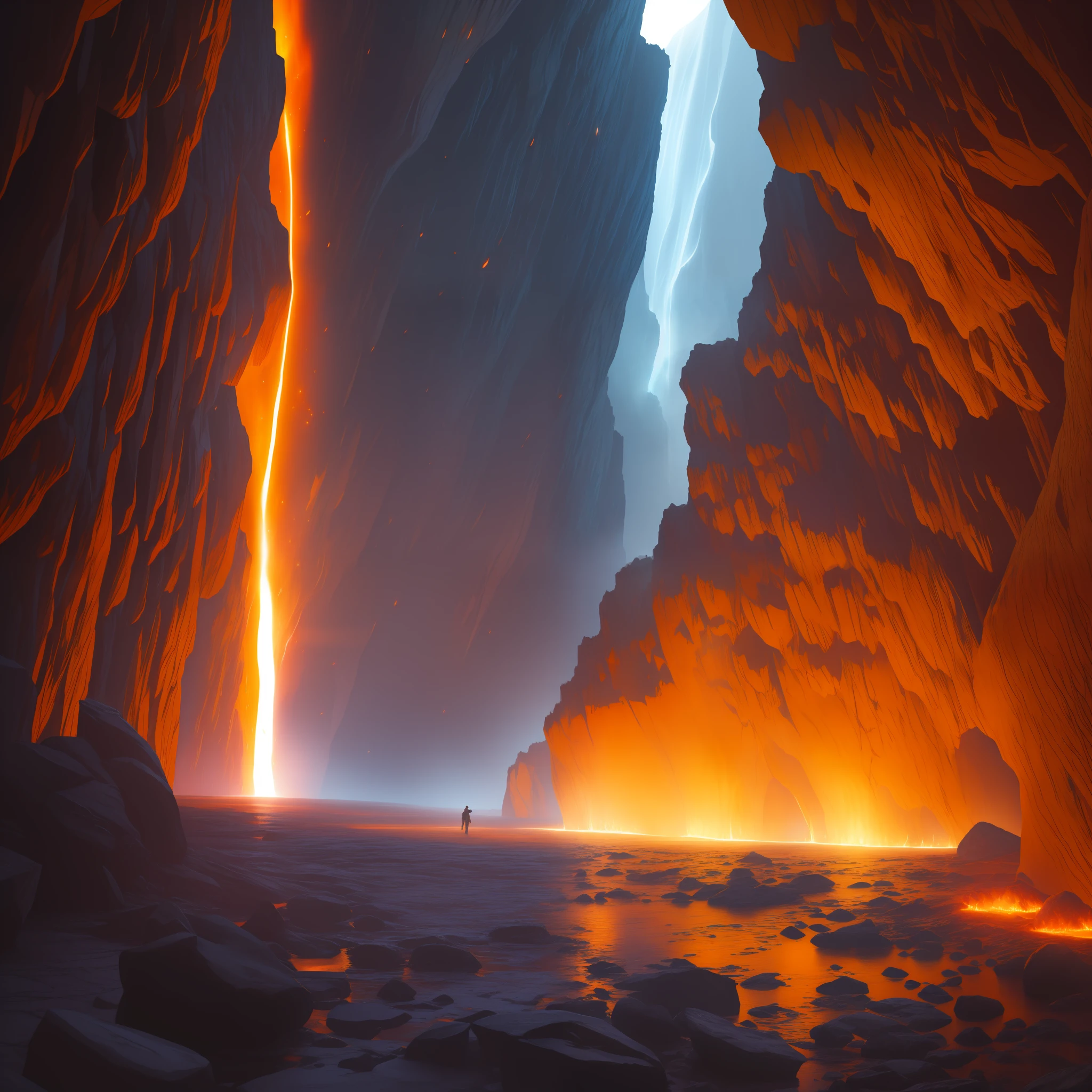 extensive landscape photograph (general view, which shows the vault of the cave, (detailed description of the cave), stalactites (detailed), stalagmites (detailed), as well as helicates (detailed), lake (detailed), lava, below), one gray-haired guy in a shirt and trousers (1: 3), (ultradetailed description of appearance), standing on a stone ledge in the fire and looking down (lake of fire: 1.2), (falling stones: 0.9), (fire: 1.3), crystals, fire stones, lava, cave BREAK production art, (cold light source:1.2), (Firefly:1.2), fire particles, dark, red, yellow and orange, complex details, volumetric lighting, realism BREAK (masterpiece:1.2), (best quality), 4k, ultra-detailed, (dynamic composition: 1.4), high detailed, colorful details, (gloomy colors: 1.2), (luminous lighting, atmospheric lighting), gloomy, magical, (solo: 1.2) --auto --s2