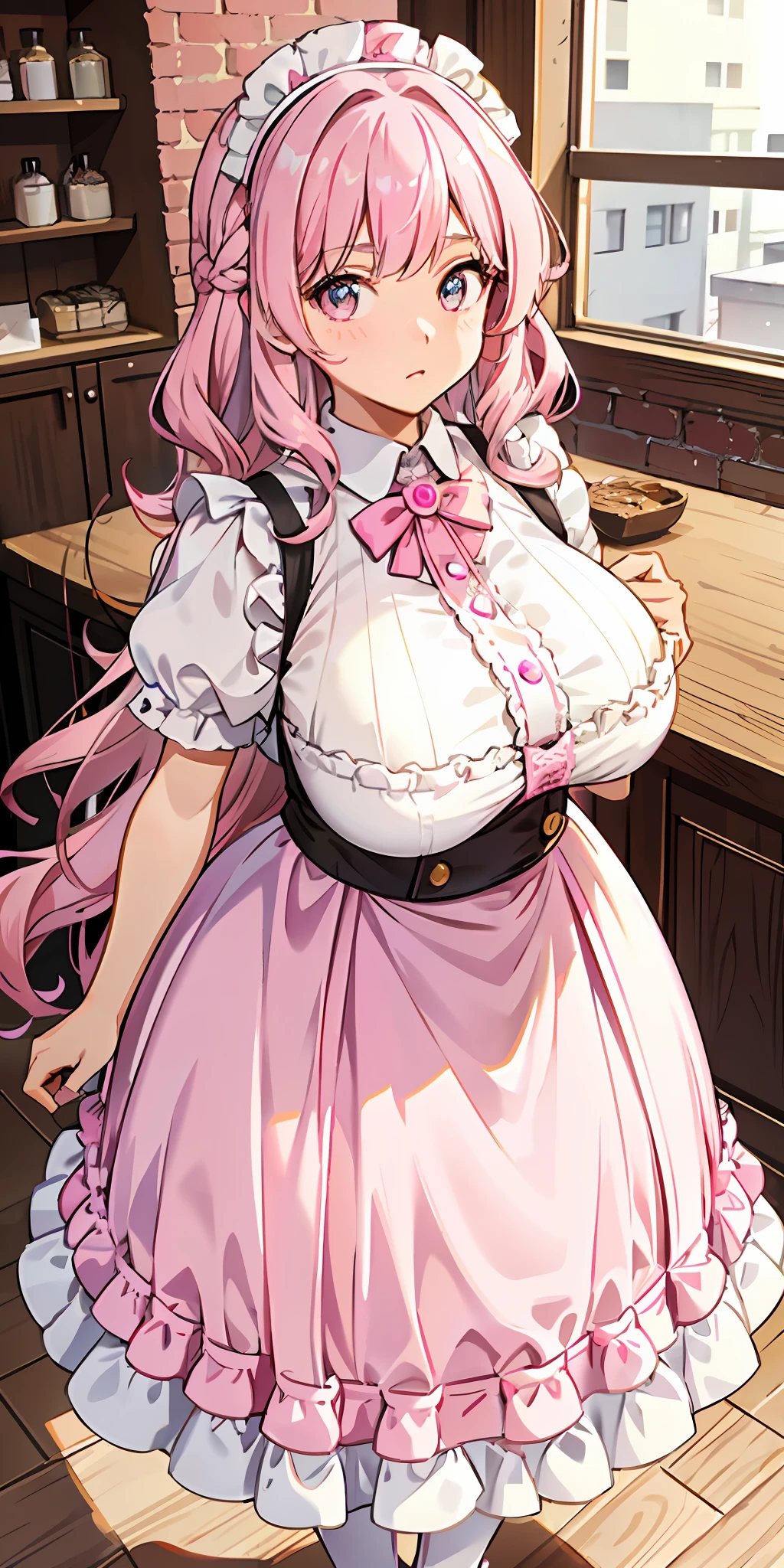 Working in a coffee shop, 1 girl, Age: 22, Hairstyle: Wavy medium hair, Hair color: pink, eye color: pink, face: soft roundness, big eyes, maternal expression, height: 160cm, ((body type: fluffy figure)), breast size: large, (clothing: neat maid outfit with plenty of pink and white ruffles)