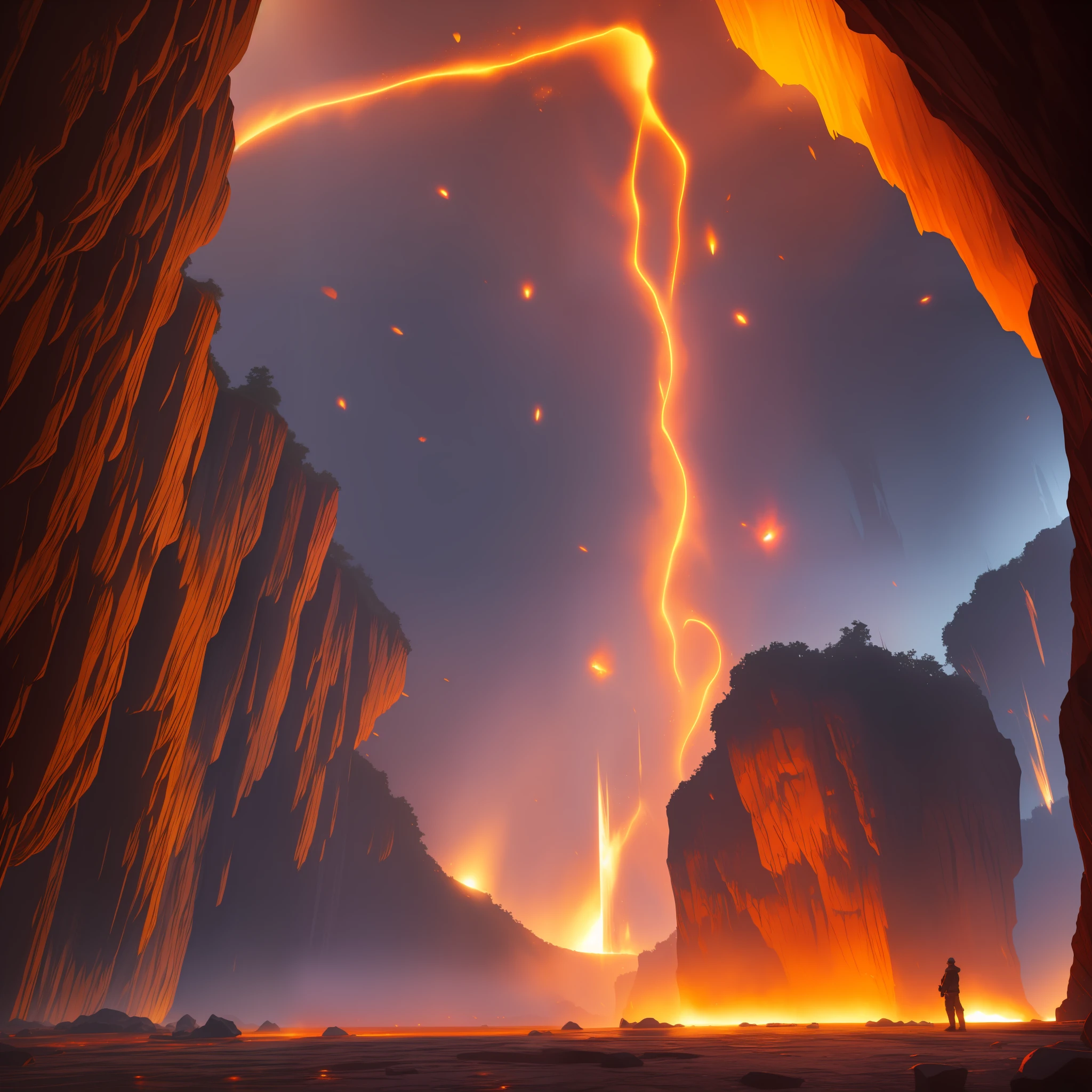 extensive landscape photograph (general view, which shows the vault of the cave, (detailed description of the cave), stalactites (detailed), stalagmites (detailed), as well as helicates (detailed), lake (detailed), lava, below), one gray-haired guy in a shirt and trousers (1: 3), (ultradetailed description of appearance), standing on a stone ledge in the fire and looking down (lake of fire: 1.2), (falling stones: 0.9), (fire: 1.3), crystals, fire stones,  lava, cave BREAK production art, (cold light source:1.2), (Firefly:1.2), fire particles, dark, red, yellow and orange, complex details, volumetric lighting, realism BREAK (masterpiece:1.2), (best quality), 4k, ultra-detailed, (dynamic composition: 1.4), high detailed, colorful details, (gloomy colors: 1.2), (luminous lighting, atmospheric lighting), gloomy, magical, (solo: 1.2) --auto --s2