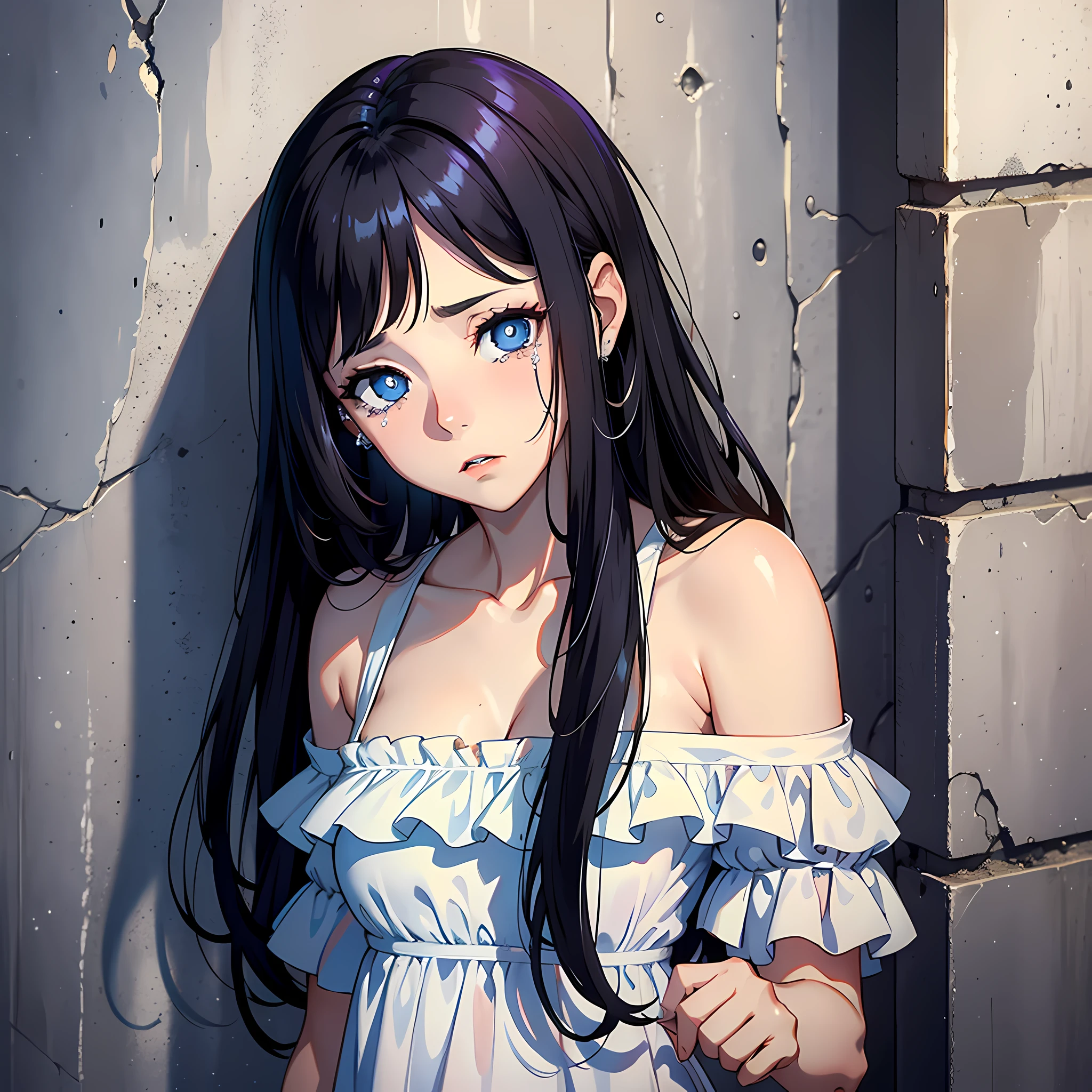 1 Woman, pretty, white dress, black hair, blue pupils, back against the wall, half: 1.2, tears, reluctance, surrealism