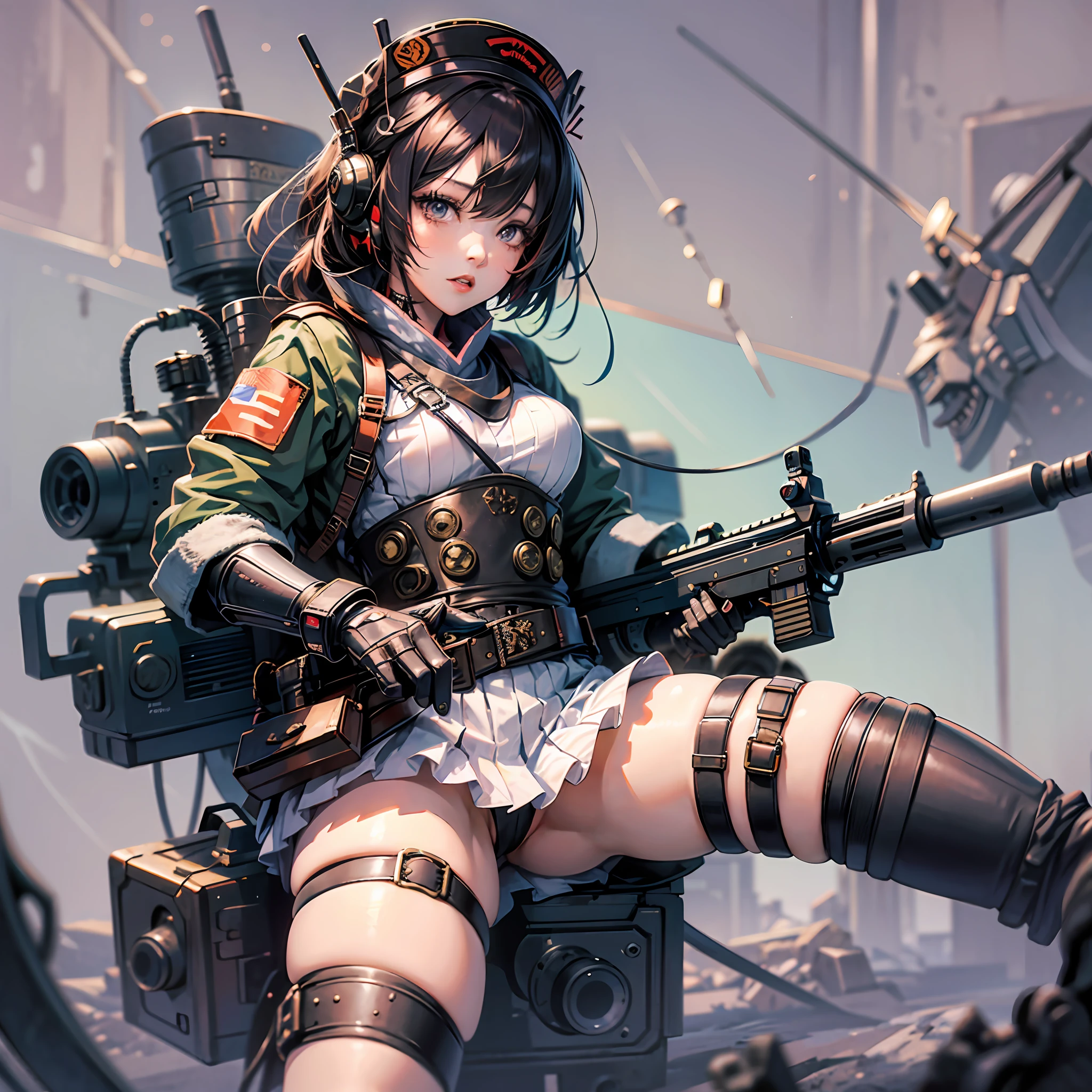 Japanese anime style. Coquettish woman. she is an army soldier. mini skirt. machine gun. Whole body. Stand and spread your legs. from below. --auto --s2