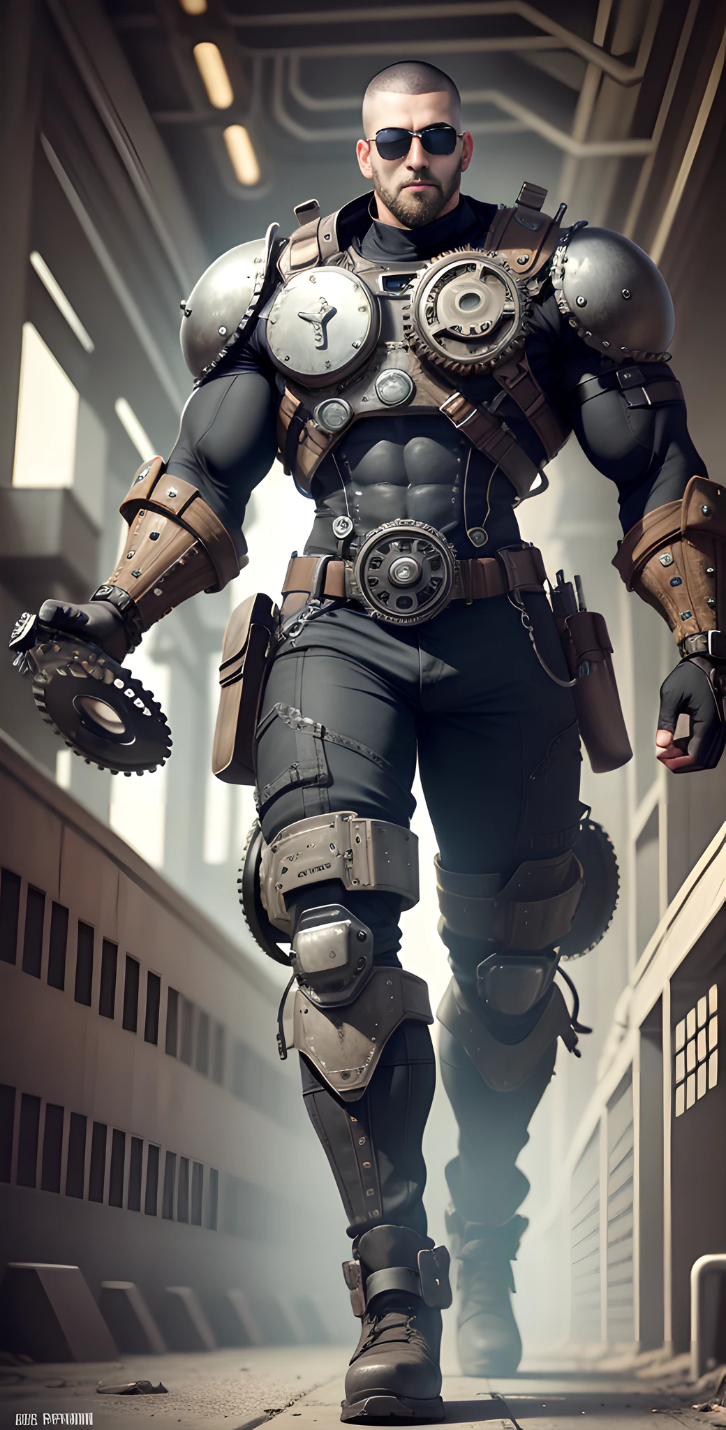 Male in the Heath, tall burly, dark black tights, big muscles, big bumps, Buzz cut, black sunglasses, black military boots, buzz cut, steampunk style, steampunk art, complex mechanical devices such as gears, pipes, valves, (huge industrial building: 1.4), gray theme, retro futurism, crazy details, (Fujiflim XT3), 20 megapixels, detailed, cinematic particles,