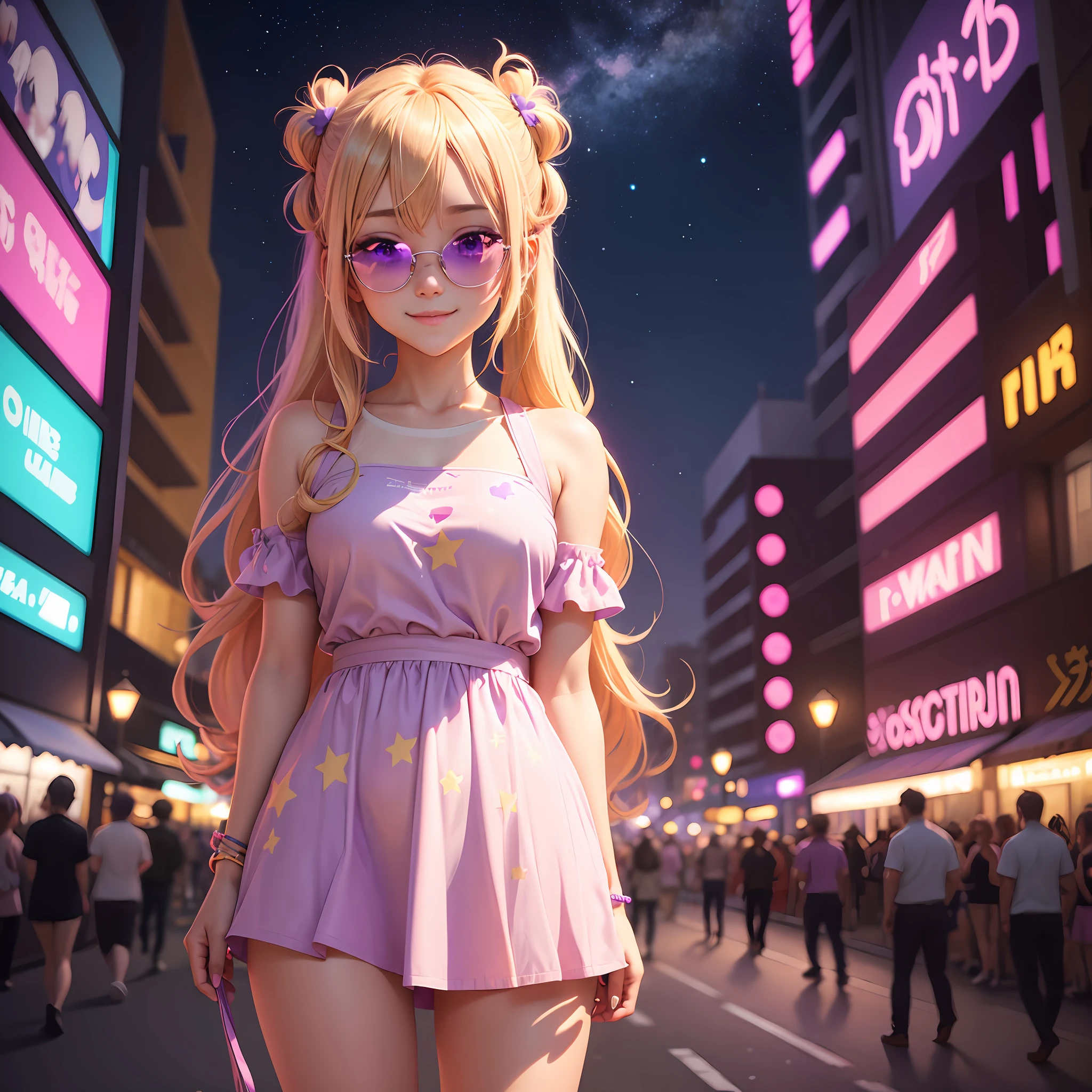 Cute anime girl blonde hair pig tails with violet colored eyes wearing one pink transparent sunglasses under pink blue purple city lights surrounded by glowing yellow stars smiling