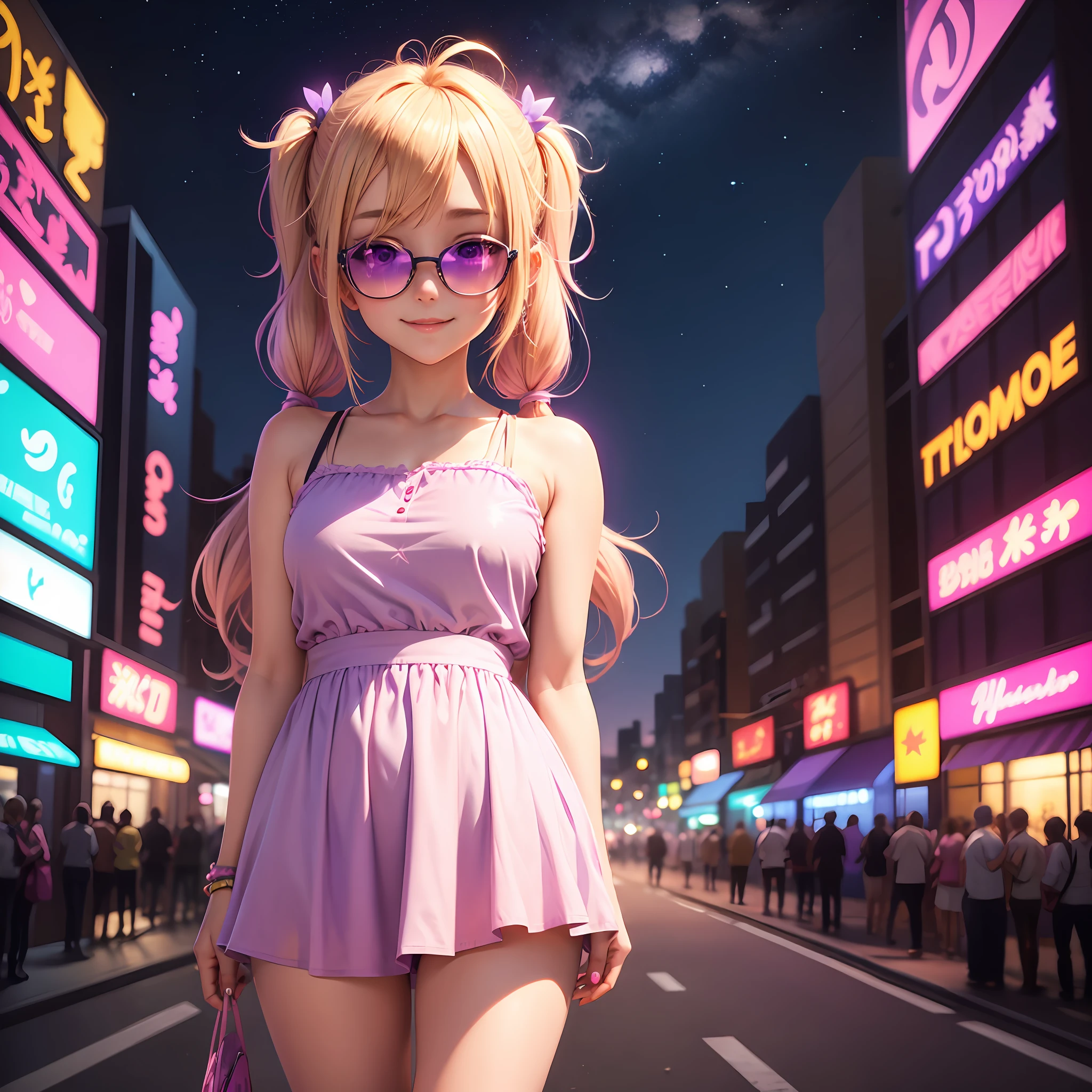 Cute anime girl blonde hair pig tails with violet colored eyes wearing one pink transparent sunglasses under pink blue purple city lights surrounded by glowing yellow stars smiling
