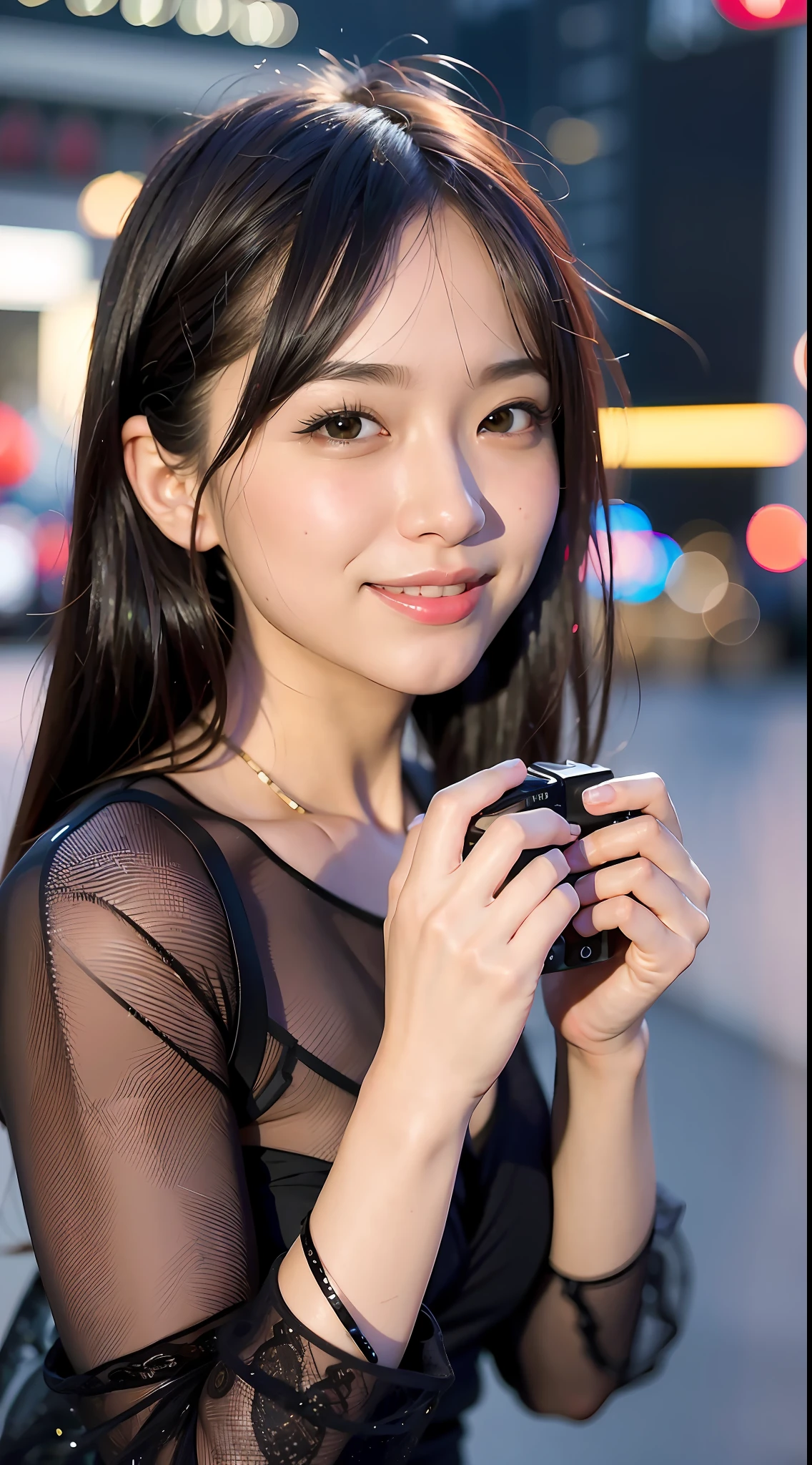 mix4,(8k, RAW photo, best quality, master:1.2), (realistic, photo-realistic:1.37),1girl,cute,cityscape,night,rain,wet,professional lighting,photon mapping,radiosity,physically-based rendering ,闭嘴,微笑