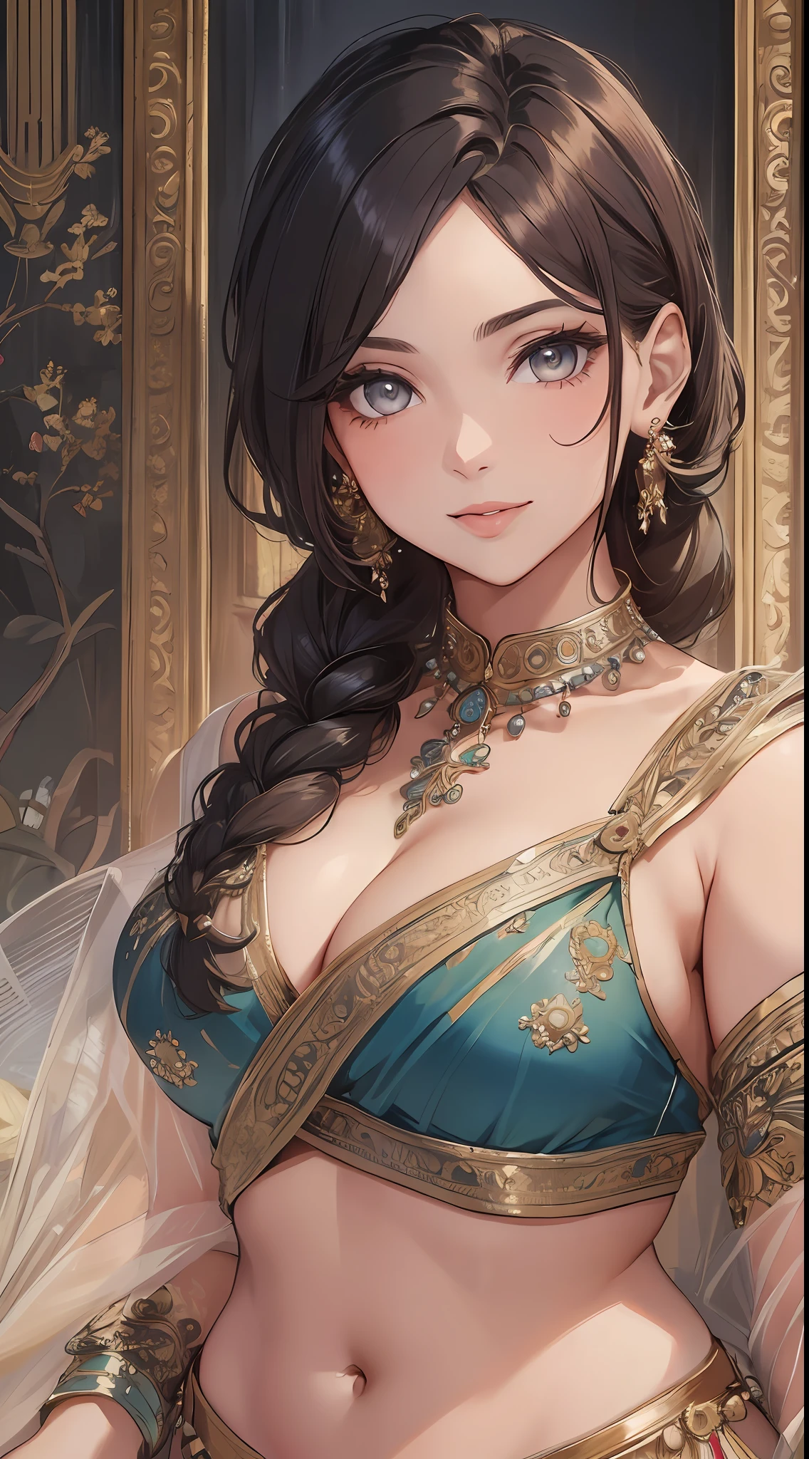 ((Best Quality, 8K, Masterpiece: 1.3)), 1girl, indian, curvy Beauty: 1.3, (Hairstyle Casual, Big Breasts: 1.2), saree:1.2, Super Fine Face, Delicate Eyes, Smile, Home