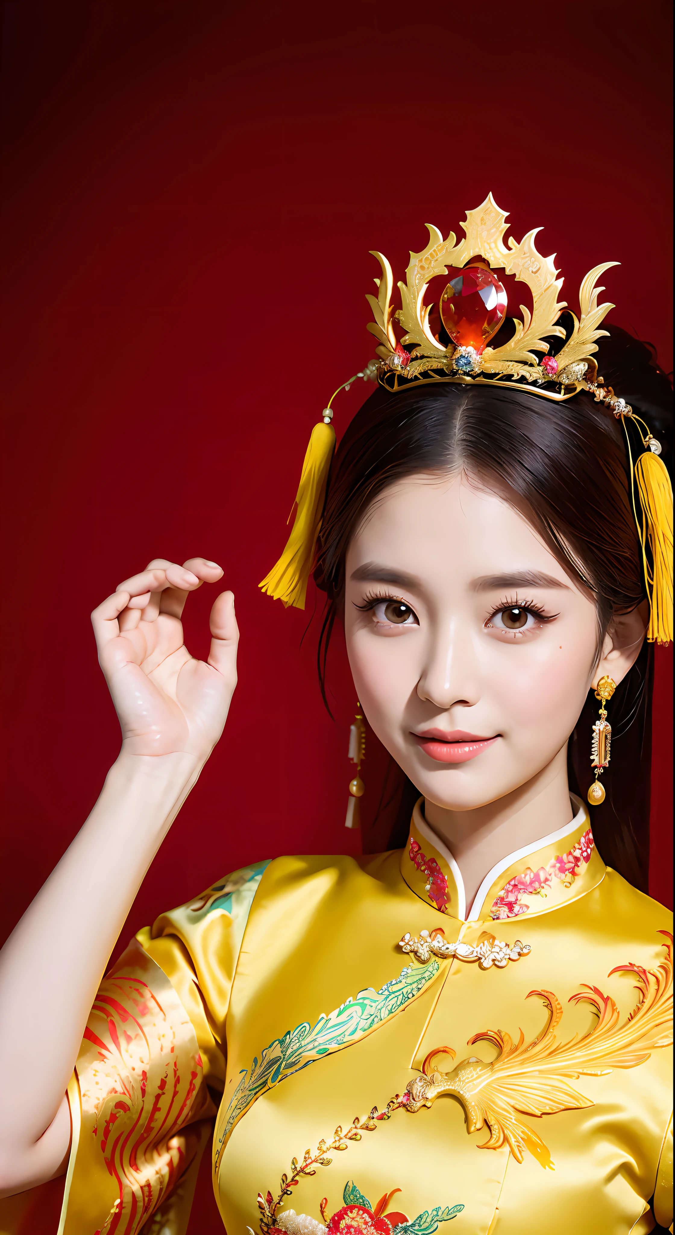 (8k, RAW Photo, Best Quality, Masterpiece: 1.2), (Realistic, Realistic: 1.37), 1 Girl, Woman in Yellow Dress and Headdress Posing for Photo, Gorgeous Role Play, Beautiful Costume, Chinese Dress, Complex Dress, Complex Costume, Traditional Beauty, Gorgeous Chinese Model, Chinese Costume, Wearing Gorgeous Costume, Wearing Elegant Chinese Xiuhe Dress, Chinese Wedding Dress, Phoenix Crown Xia Hanging, Antique Bride, Xiuhe Dress, Close-up, Wearing Phoenix Crown, Smile, Dragon and Phoenix Embroidery Dress