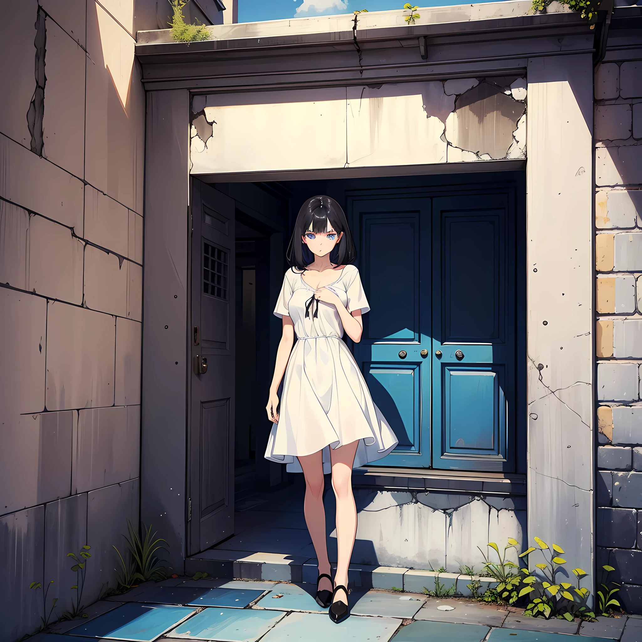 1 woman, pretty, white dress, black hair, blue pupils, back against the wall, full body: 1.2, tears, reluctance, surrealism
