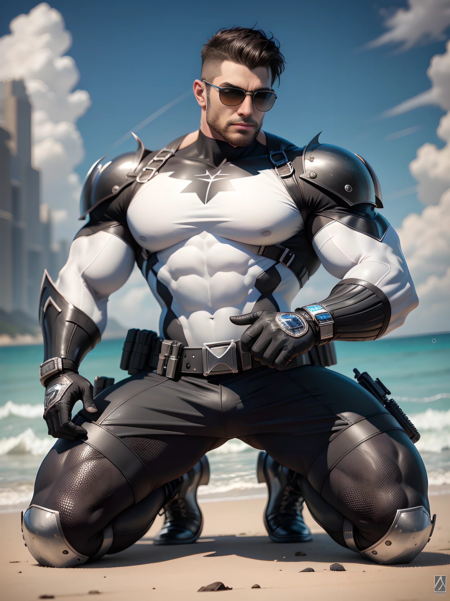 Arad man in white and black clothes kneeling on sunny seashore, muscular male hero, conceptual art like Ernest Khalimov, heroic male pose, muscular! Wearing black sunglasses, round head Buzz Cut, cyberpunk, stealth suit, super buff and cool, high resolution commission, Chris Redfield, crystal water ring special effects around wrist, Jigachard muscle, Ernest Khalimov body, character design police, black military boots, charismatic strong male with armor