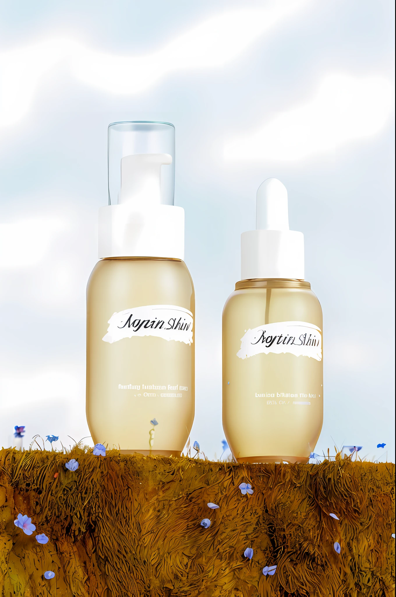There are two bottles of liquid sitting on moss-covered surface, sparkling skin, Ji-min, dewy skin, skin care products, raw skin, shiny golden hour, shiny skin", shiny skin, product photos, pure skin, in the background, transparent vibrant glowing skin, sparkling skin, transparent background, shiny skin, hyper-realistic