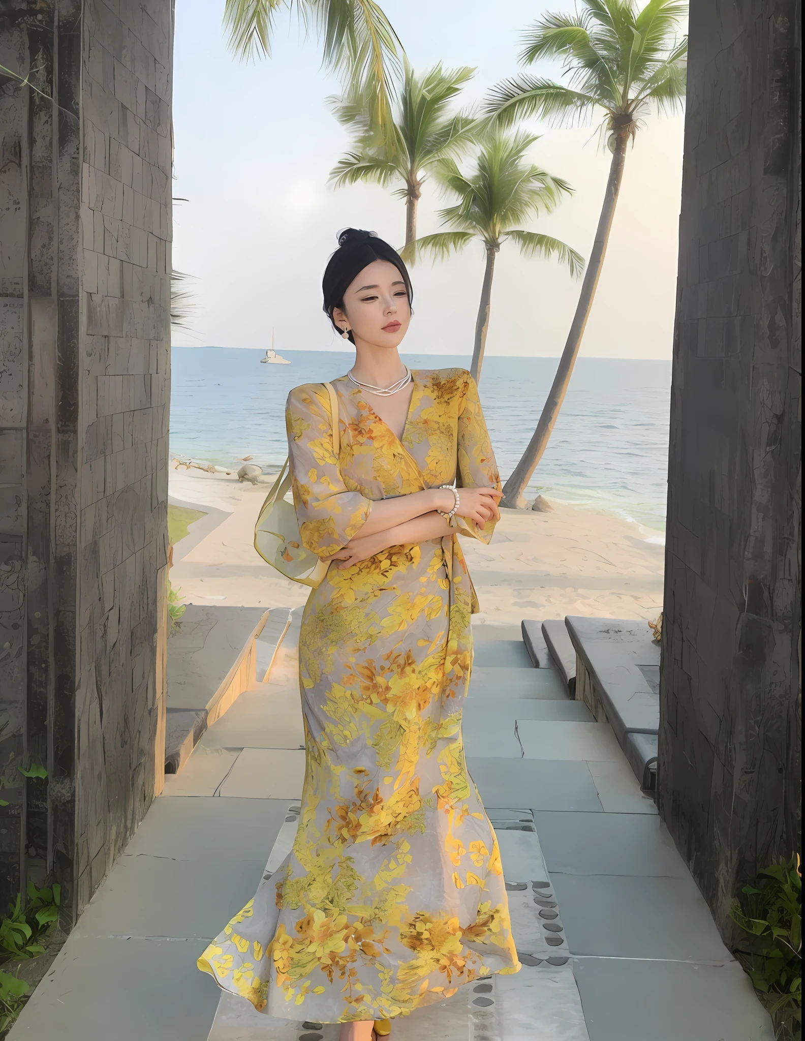 araffe woman in a yellow dress standing on a walkway by the ocean, cheongsam, fan bingbing, jia, yellow ornate dress, with acient chinese clothes, chinese dress, with yellow cloths, wearing a long flowery dress, dilraba dilmurat, long dress female, sha xi, inspired by Tang Di, gorgeous lady