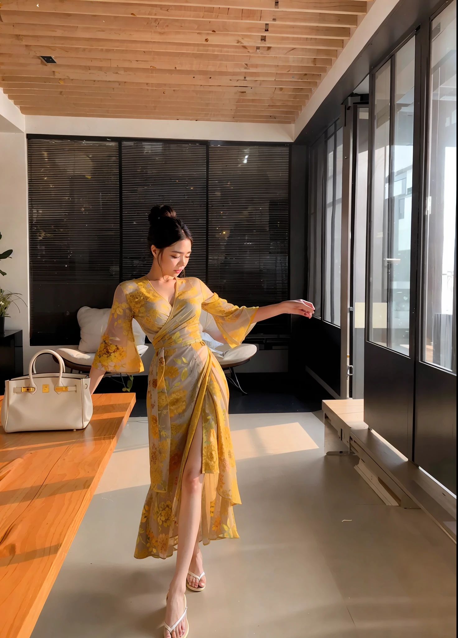 araffe woman in yellow dress standing in a room with a window, lady using yellow dress, yellow ornate dress, light half opened dress, soft silk dress, wearing wheat yellow gauze, 2 0 2 0 fashion, wearing a flowing dress, wearing a long flowery dress, silk dress, flowing dress, wearing a luxurious silk robe, wearing a yellow dress