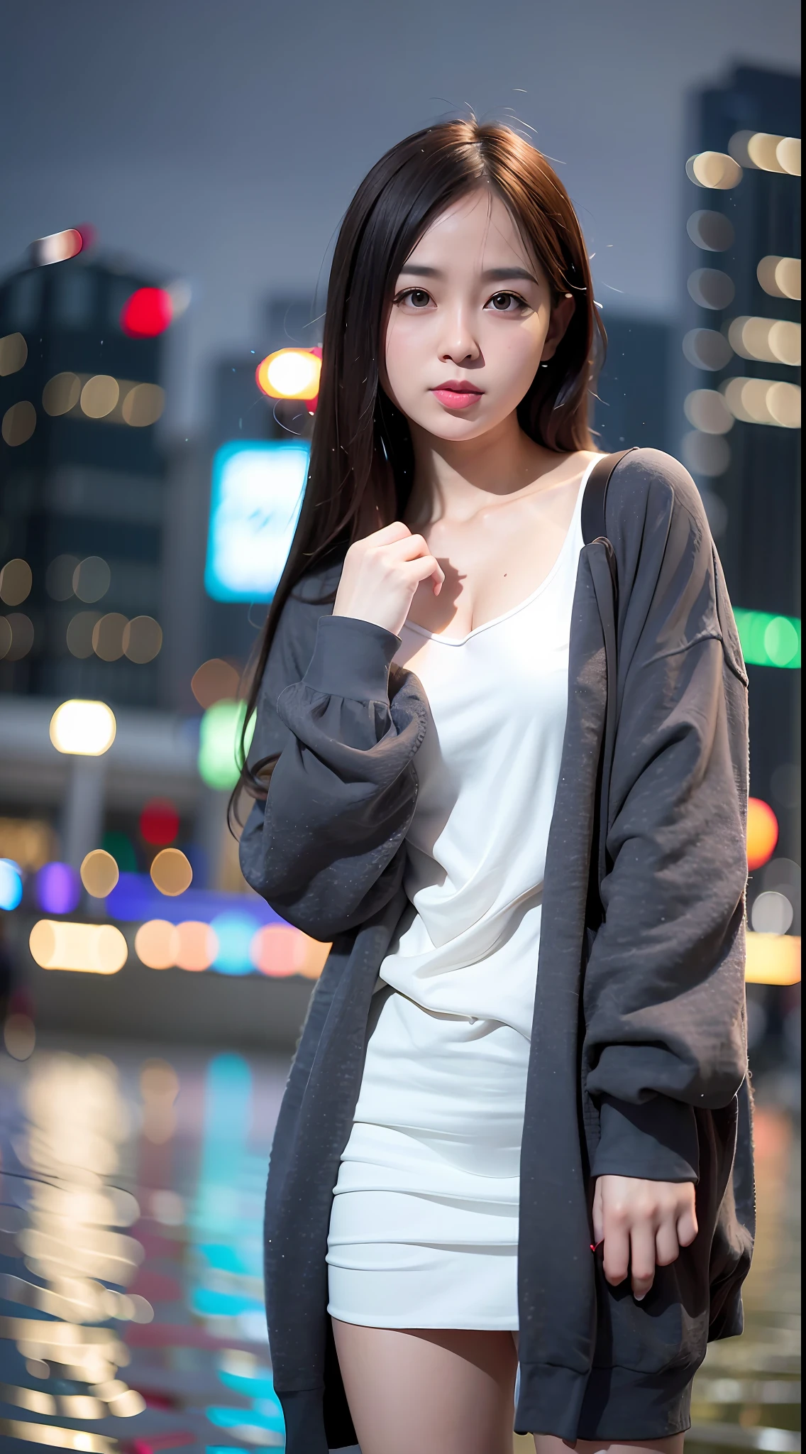 mix4,(8k, RAW photo, best quality, master:1.2), (realistic, photo-realistic:1.37),1girl,cute,cityscape,night,rain,wet,professional lighting,photon mapping,radiosity,physically-based rendering ,闭嘴，微笑