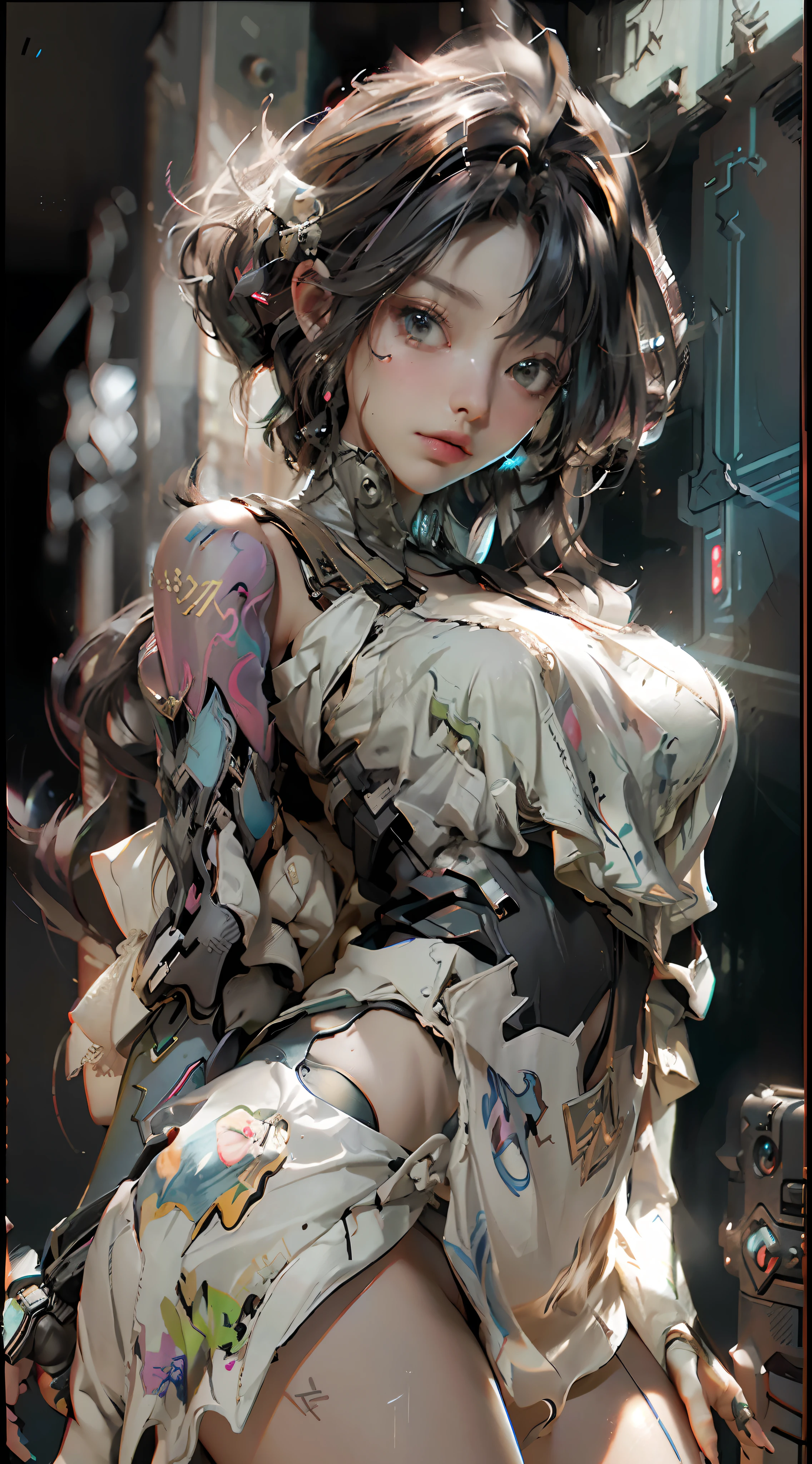 (Best Quality), ((Masterpiece), (Detail: 1.4), 3D, A Beautiful Cyberpunk Woman, HDR (High Dynamic Range), Ray Tracing, NVIDIA RTX, Super-Resolution, Unreal 5, Subsurface Scattering, PBR Textures, Post-Processing, Anisotropic Filtering, Depth of Field, Maximum Sharpness and Clarity, Multi-layer Textures, Albedo and Highlight Maps, Surface Shading, Accurate simulation of light-material interactions, perfect proportions, Octane Render, two-color light, large aperture, low ISO, white balance, rule of thirds, 8K RAW, nudity, off-the-shoulder, camisole vest, miniskirt, transparent attire, open waist, miniskirt //, very short, colorful graffiti on shoulders,