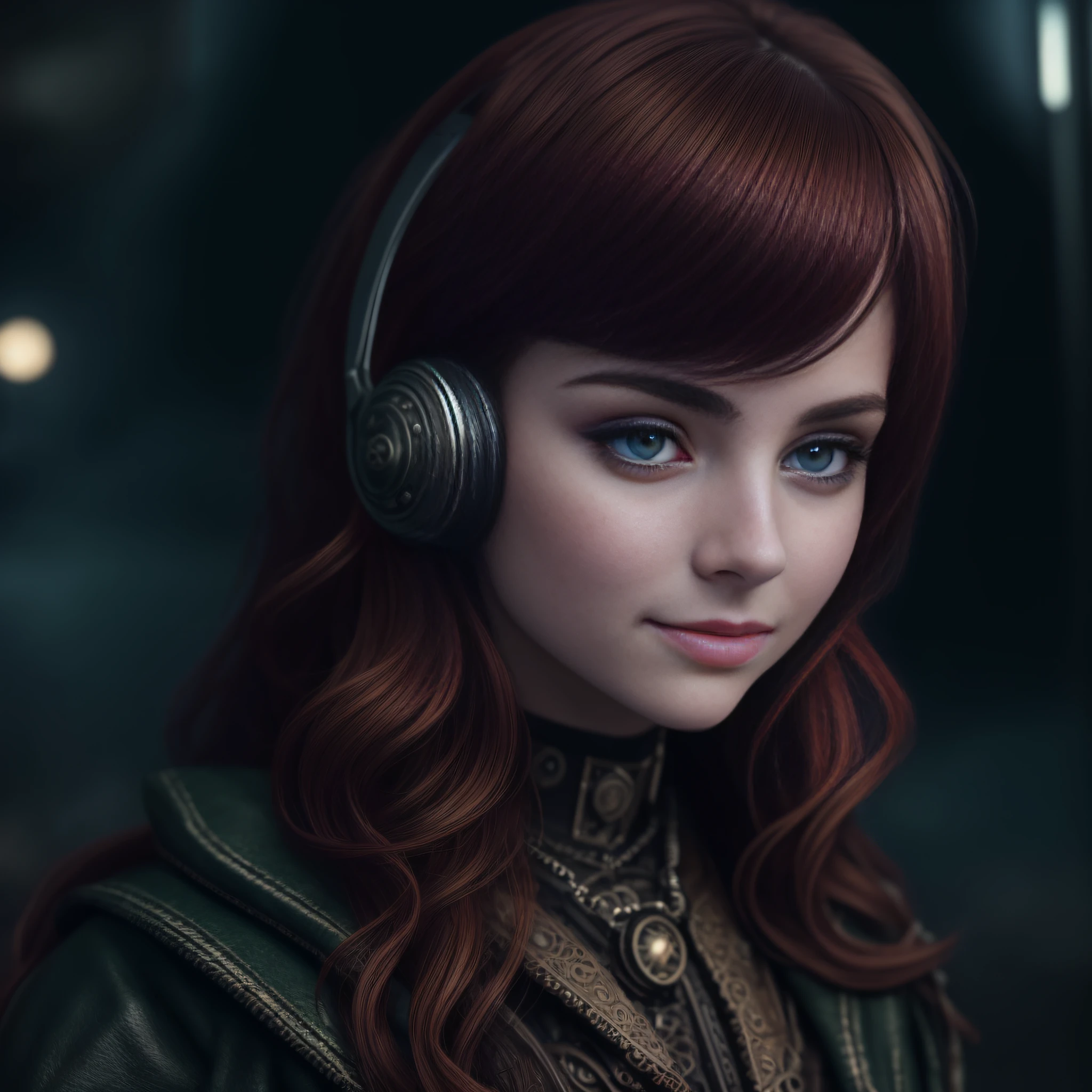 (a 19 yo girl, (Ana de Armas:0.65), (redhead:1.1)), cute smile, (perfect eyes:1.1), wavy hair, steampunk jumpsuit, intercom headset, steampunk choker, long leather boots, perfect detailed face, detailed symmetric green eyes with circular iris,working in the steampunk garage fixing a steam engine, onvex lenses, intricate, hdr, intricate details, detailed, cinematic, cogs and gears, steamy background with lots of steam pipes and steam valves and pressure gauges and gears, realistic, stunning realistic photograph, 3d render, octane render, cinematic, Isometric, Centered, hyperealistic cover photo, awesome full color, 12k, high definition, portrait featured on unsplash, smooth, ultra high definition, 8k, ultra sharp focus, intricate artwork, masterpiece, ominous, epic, highly detailed, warm cinematic